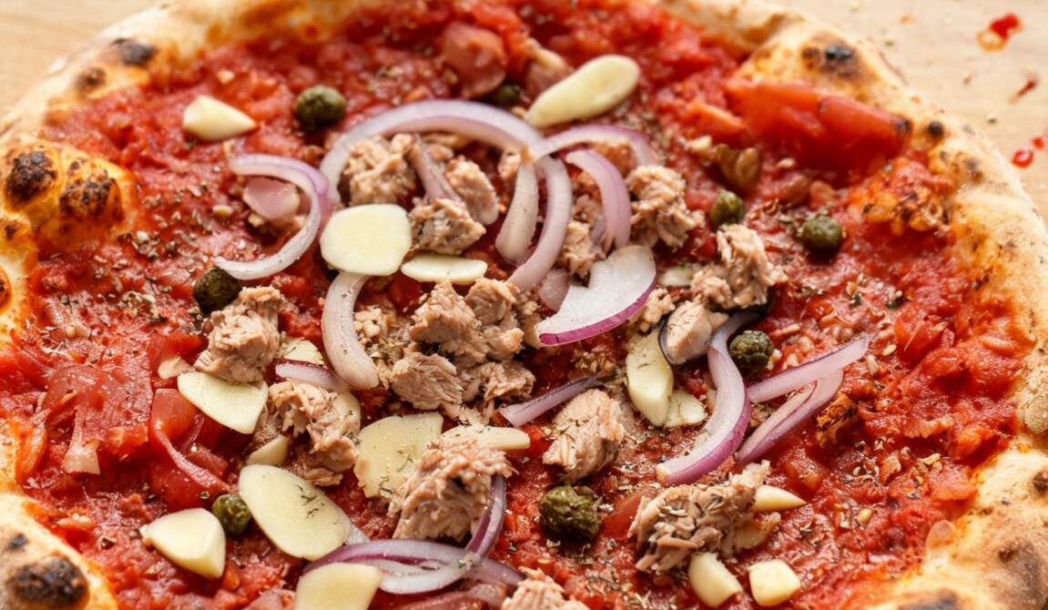 Tuna Marinara Pizza with Capers and Red Onion