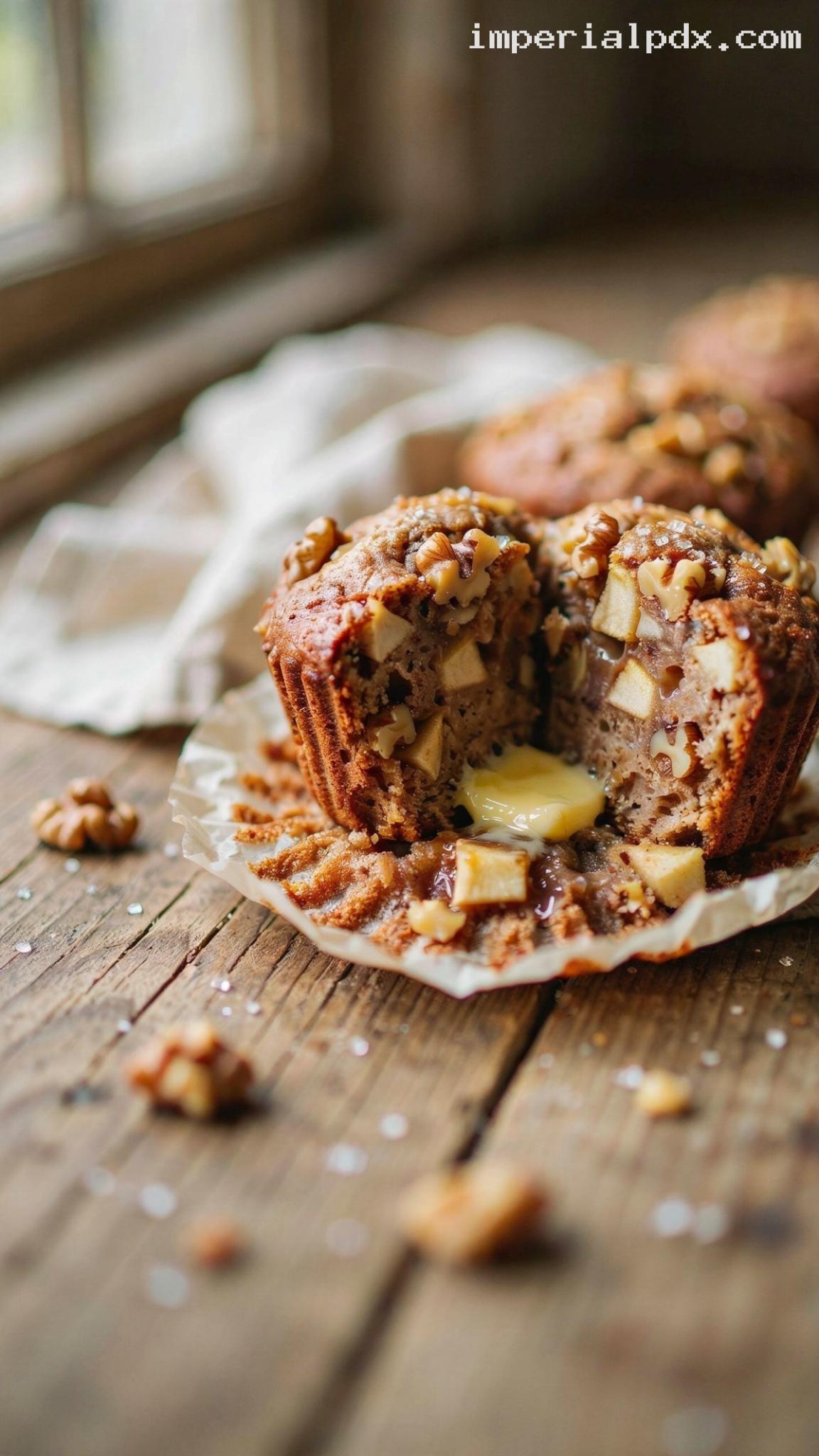 Warmly Spiced Apple Walnut Muffins – Closeup