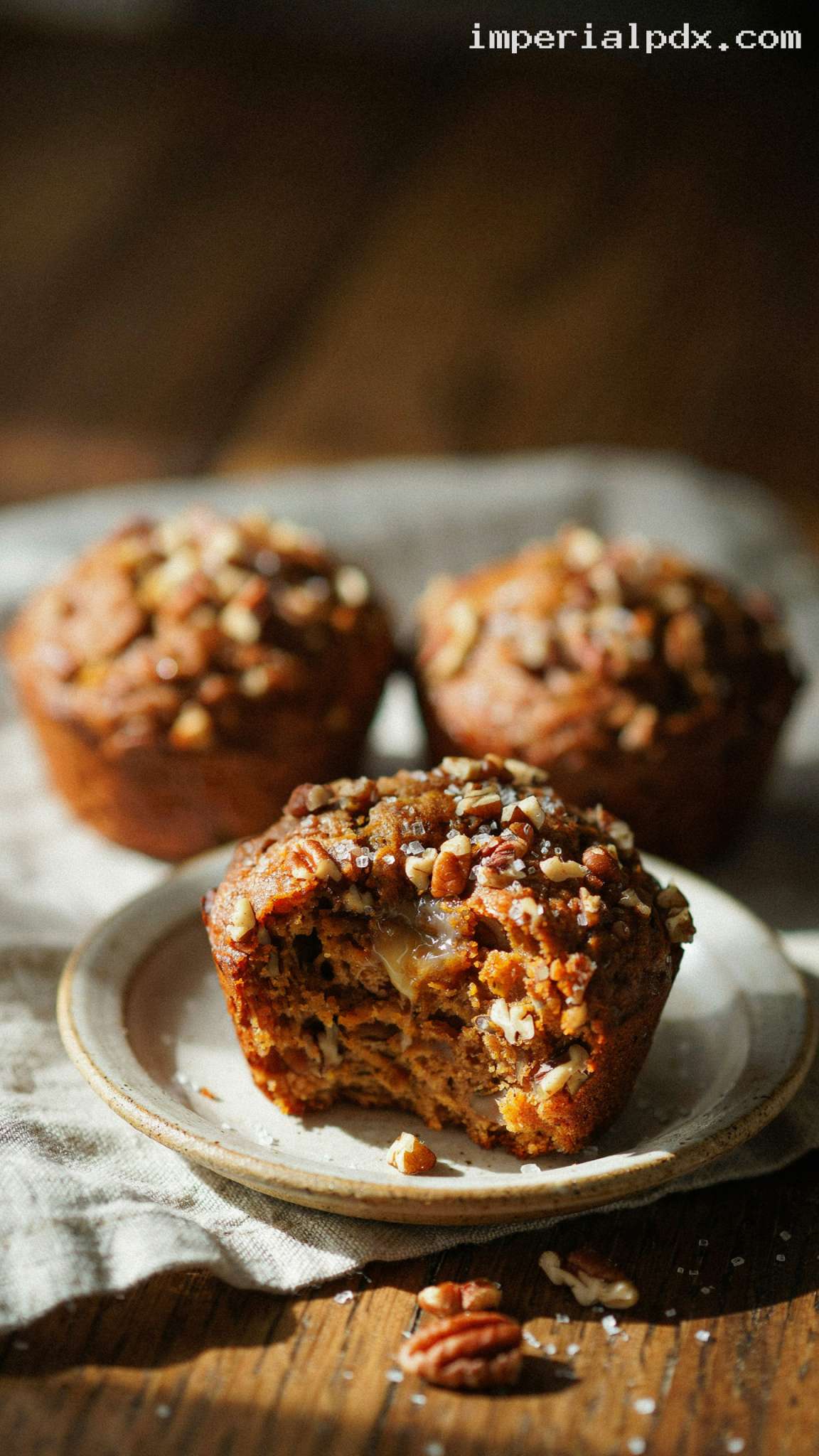 Warmly Spiced Pumpkin Pecan Muffins – Closeup