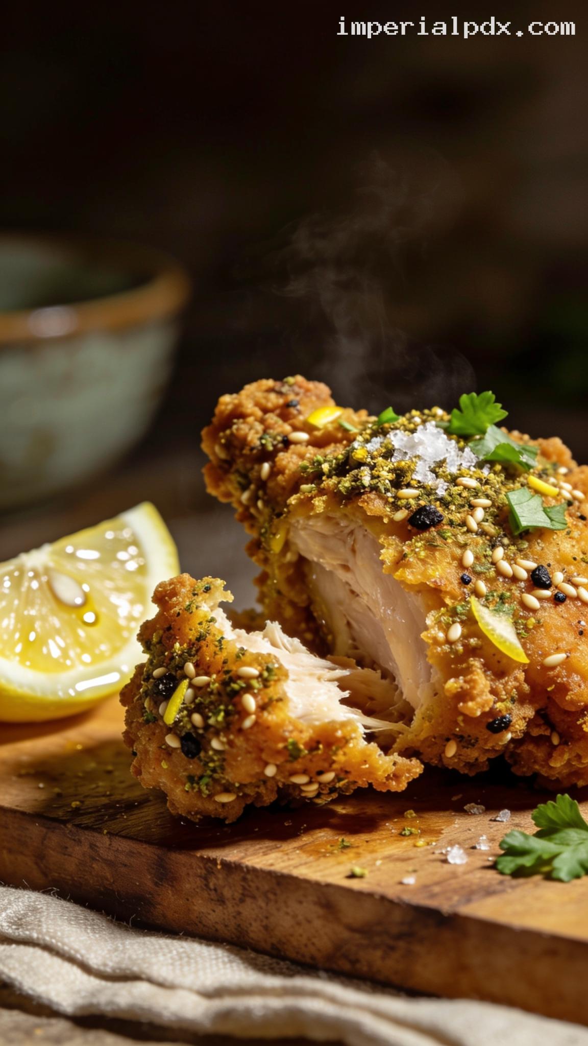 Za’atar Fried Chicken With Lemon and Garlic – Closeup