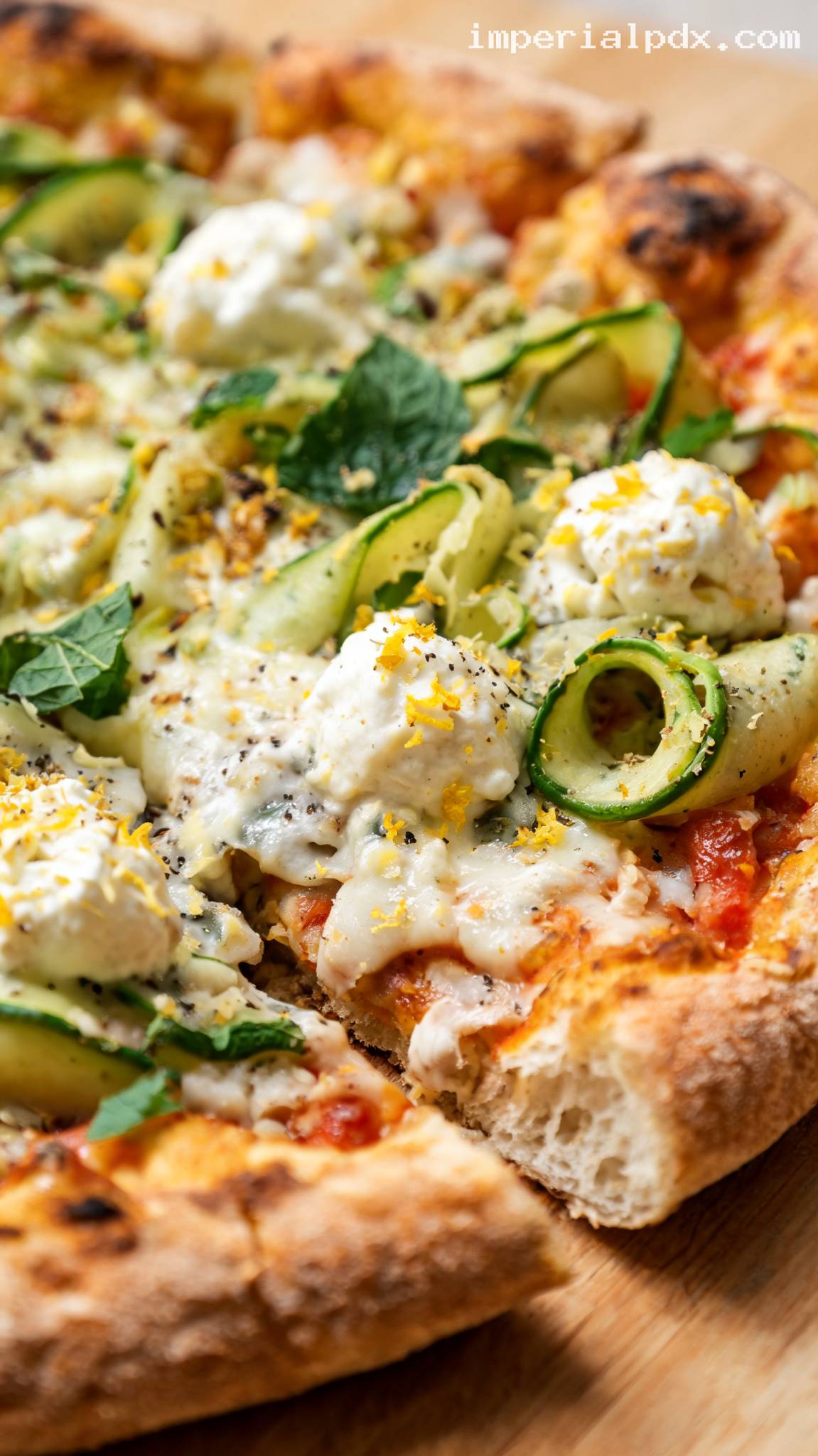 Zucchini Ribbon Pizza with Mint and Ricotta – Closeup