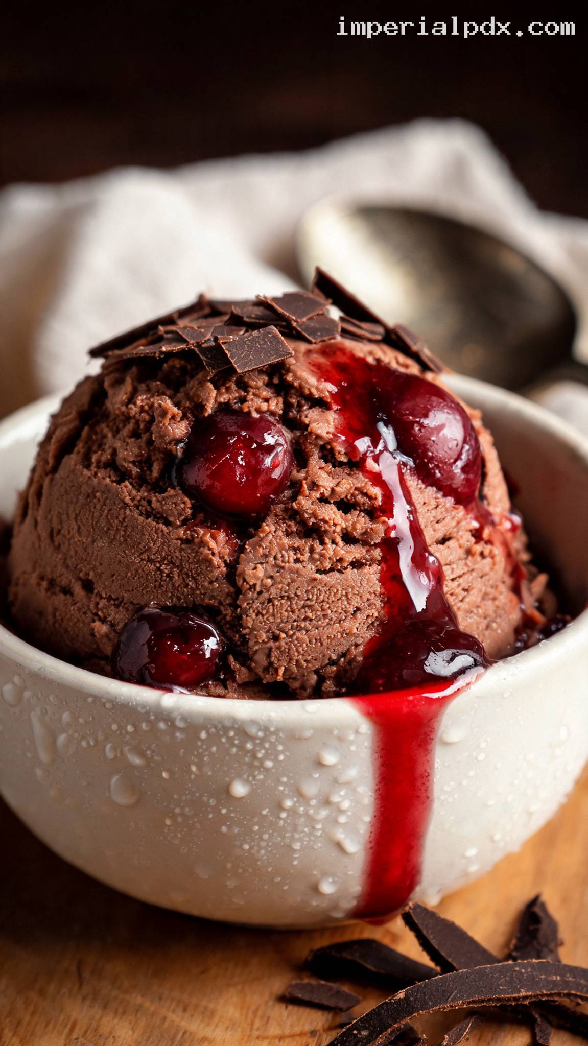 Black Forest Ice Cream With Cherry Sauce – Closeup