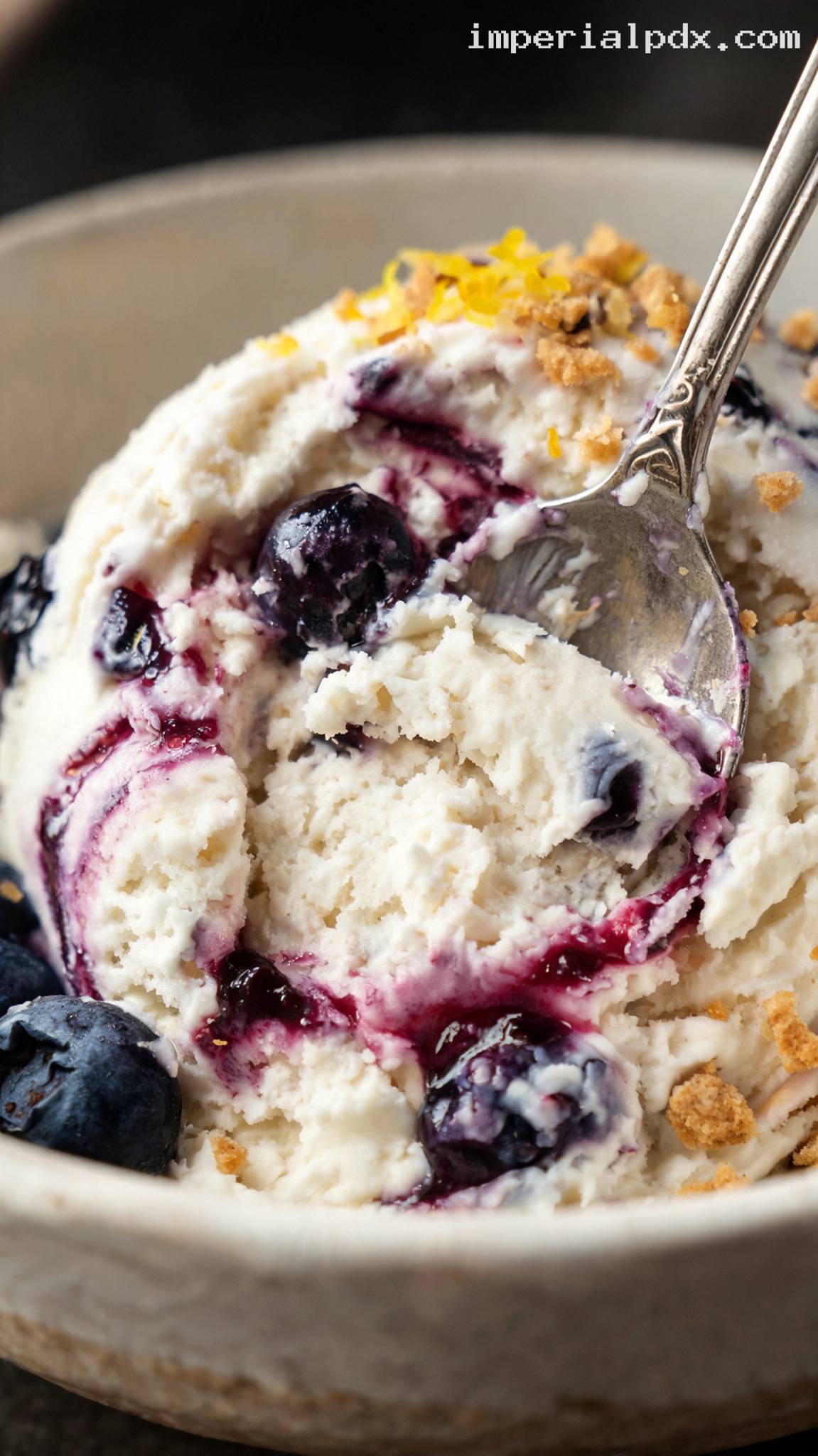 Blueberry Cheesecake Ice Cream With Graham Cracker Crumble – Closeup