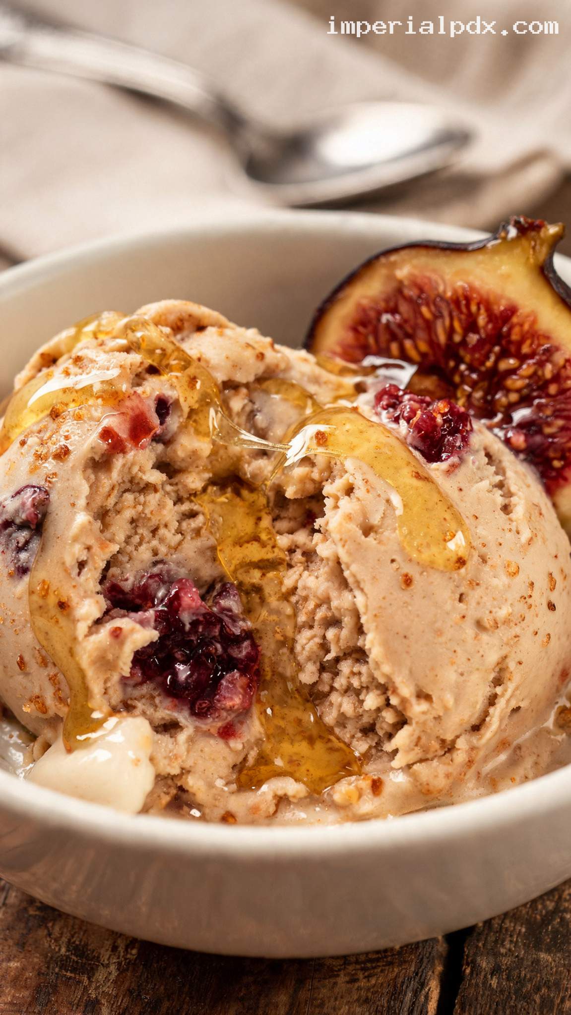 Brown Butter Fig Ice Cream With Honey Swirls – Closeup