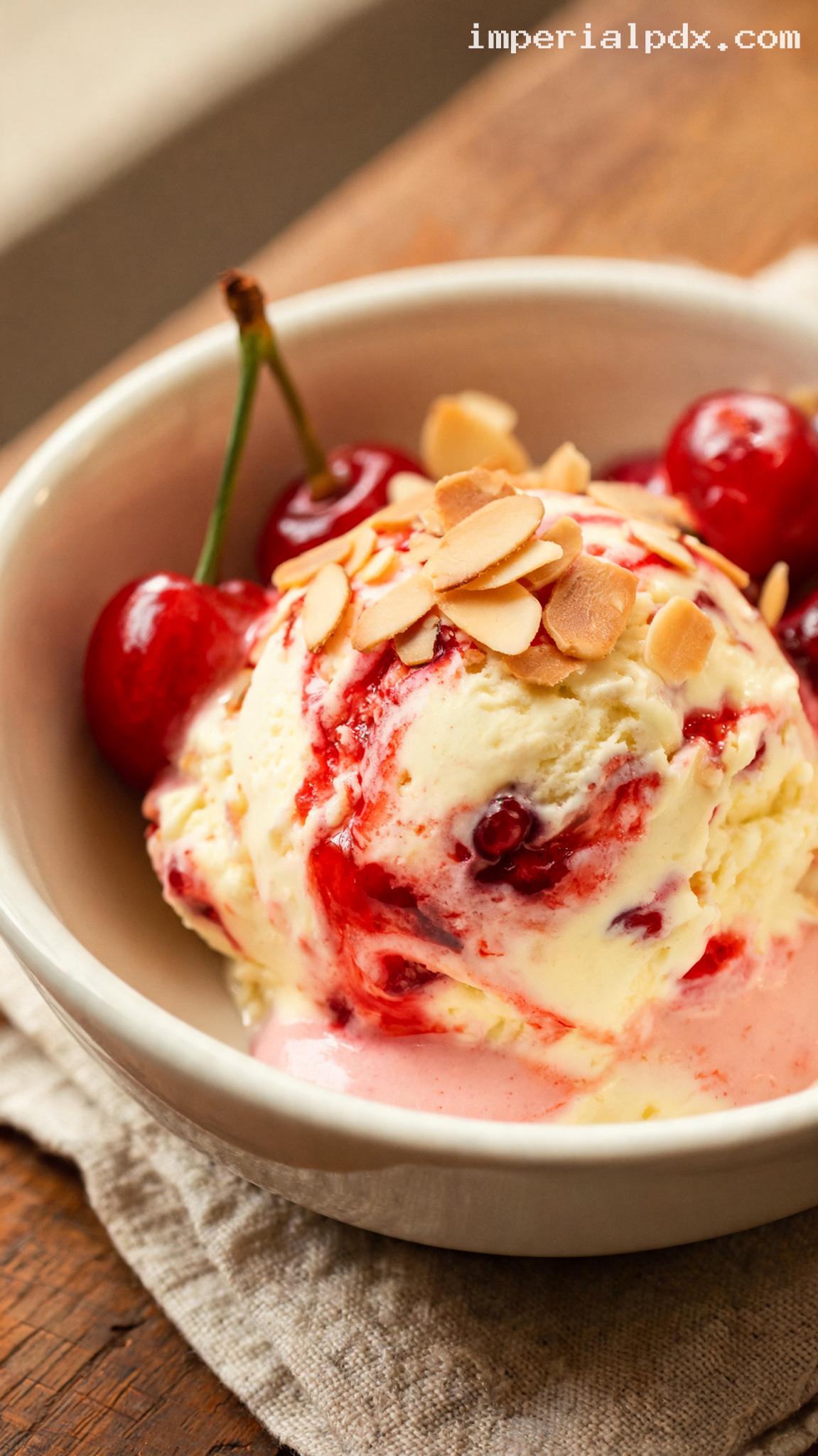 Cherry Amaretto Ice Cream With Toasted Almonds – Closeup