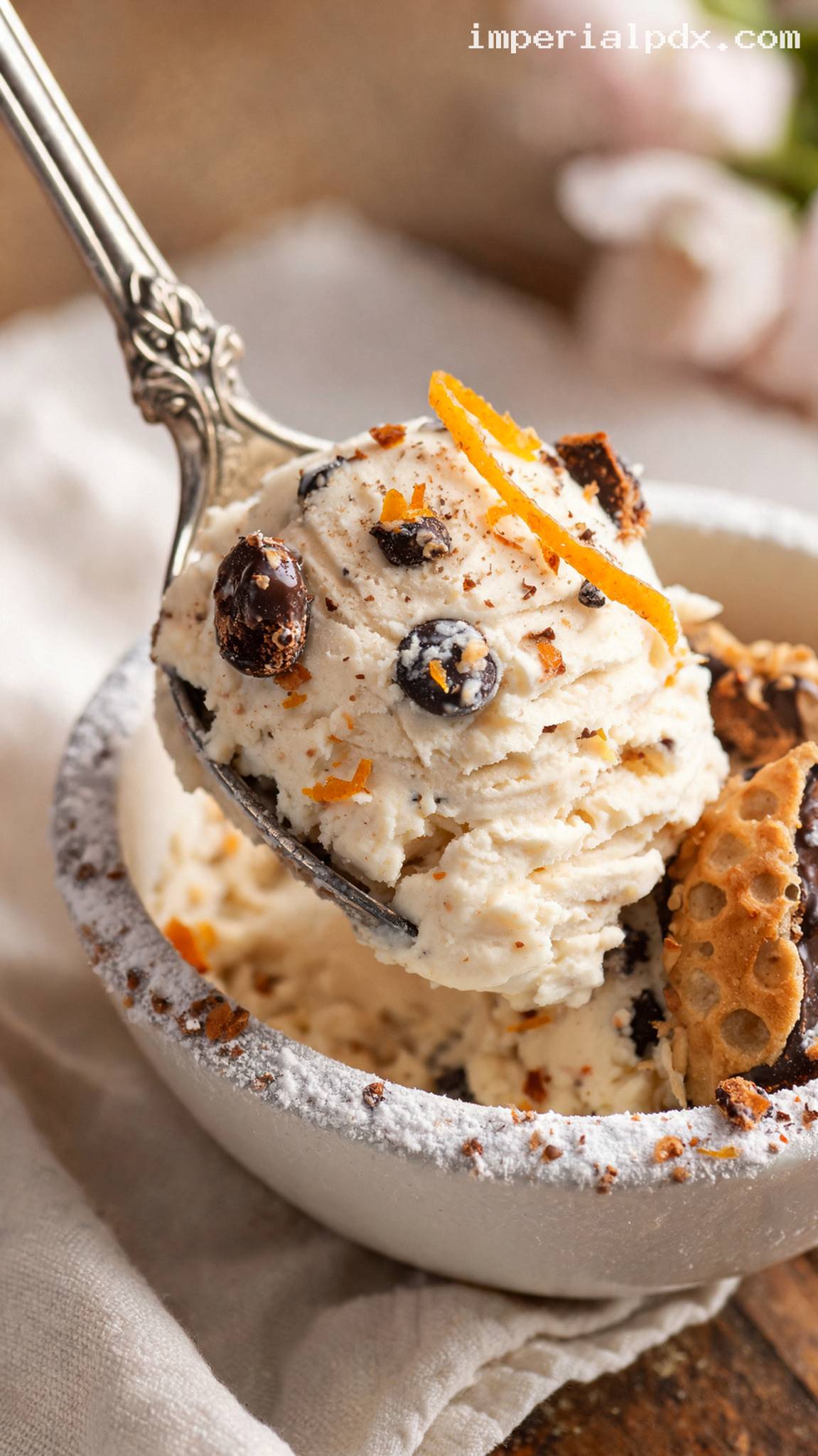 Chocolate Cannoli Ice Cream With Pastry Crunch – Closeup