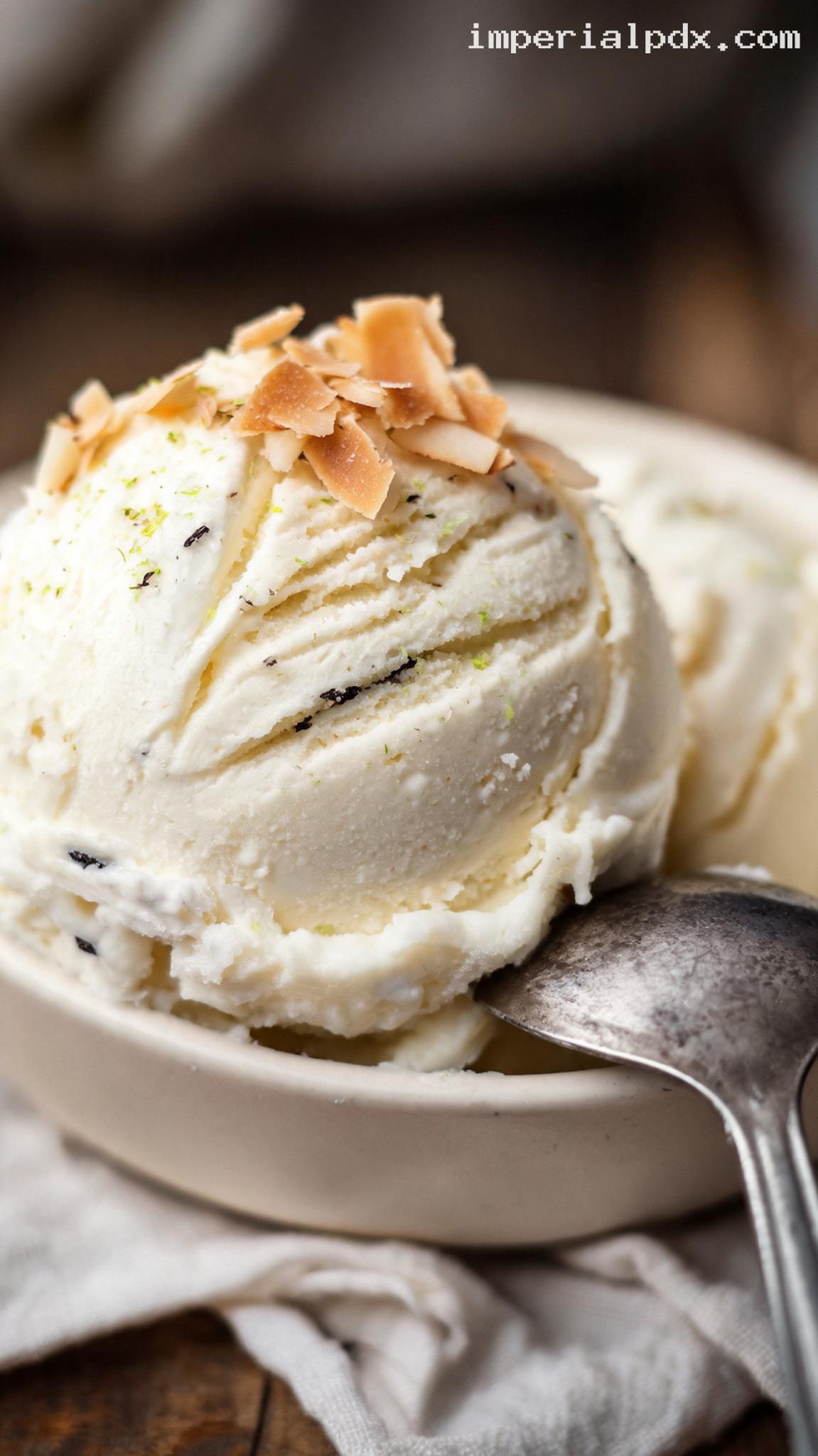 Creamy Coconut Ice Cream With Toasted Coconut – Closeup