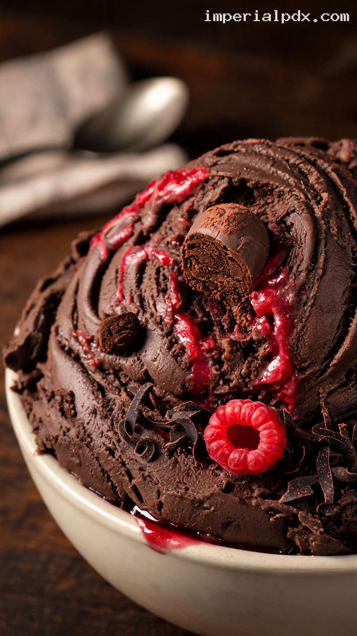 Dark Chocolate Raspberry Truffle Ice Cream – Closeup