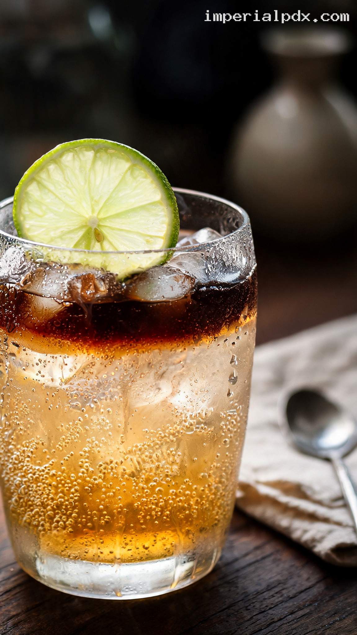 Dark ’n’ Stormy Cocktail With Lime and Ginger Beer – Closeup