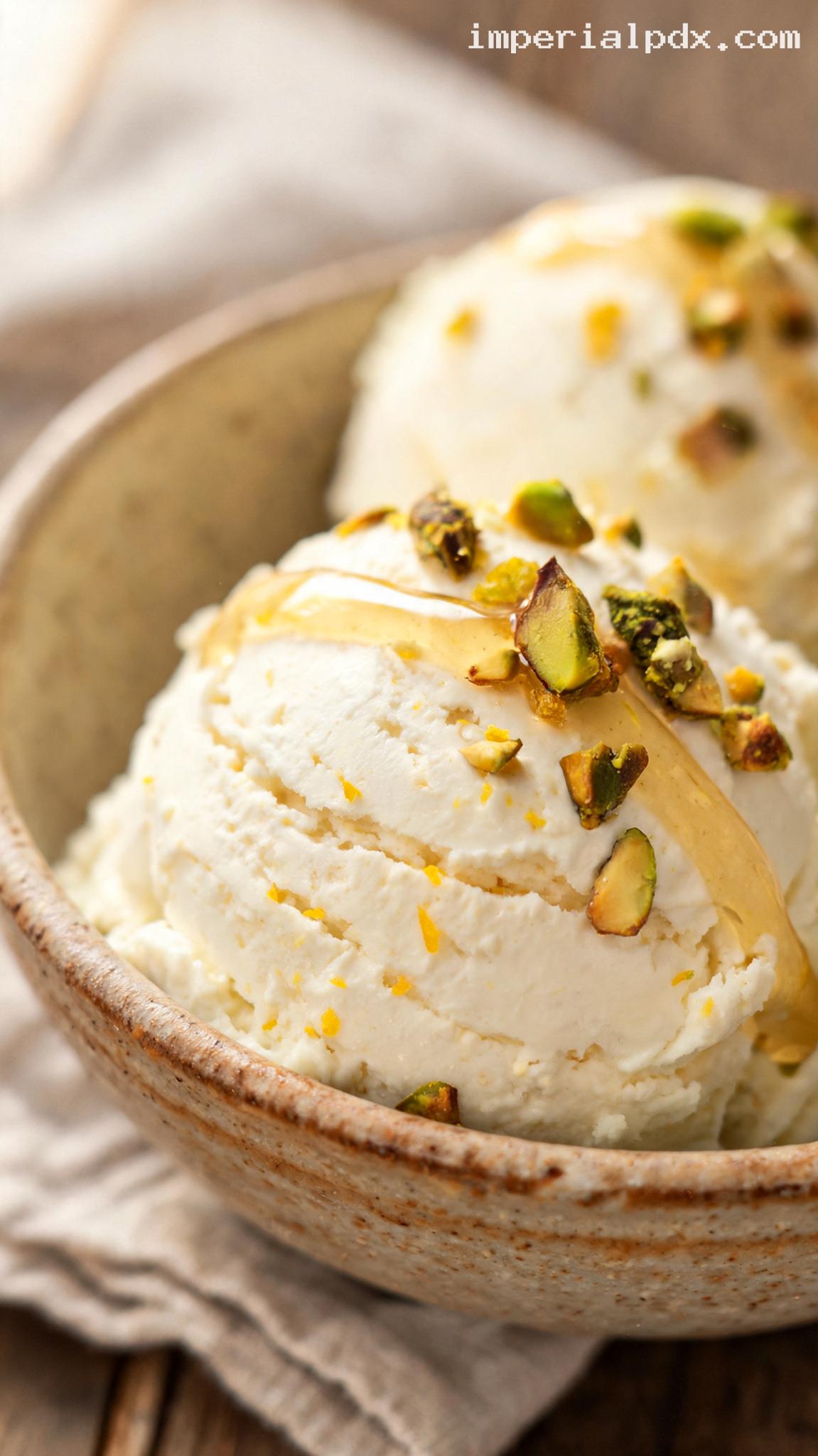 Honey Pistachio Ricotta Ice Cream With Citrus Zest – Closeup