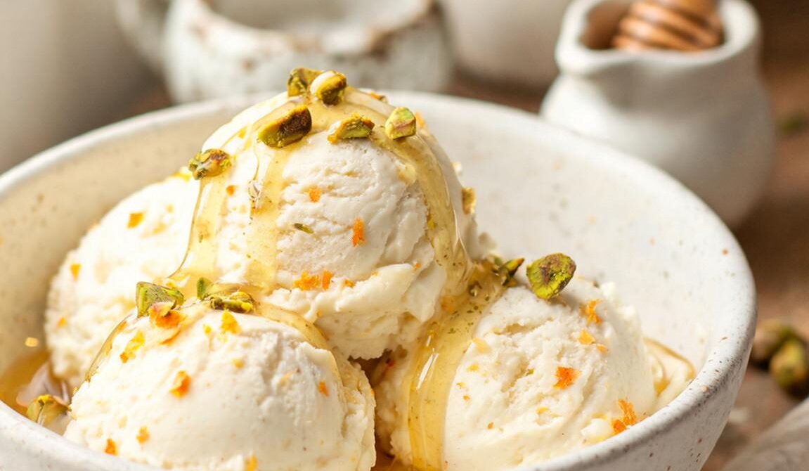 Honey Pistachio Ricotta Ice Cream With Citrus Zest