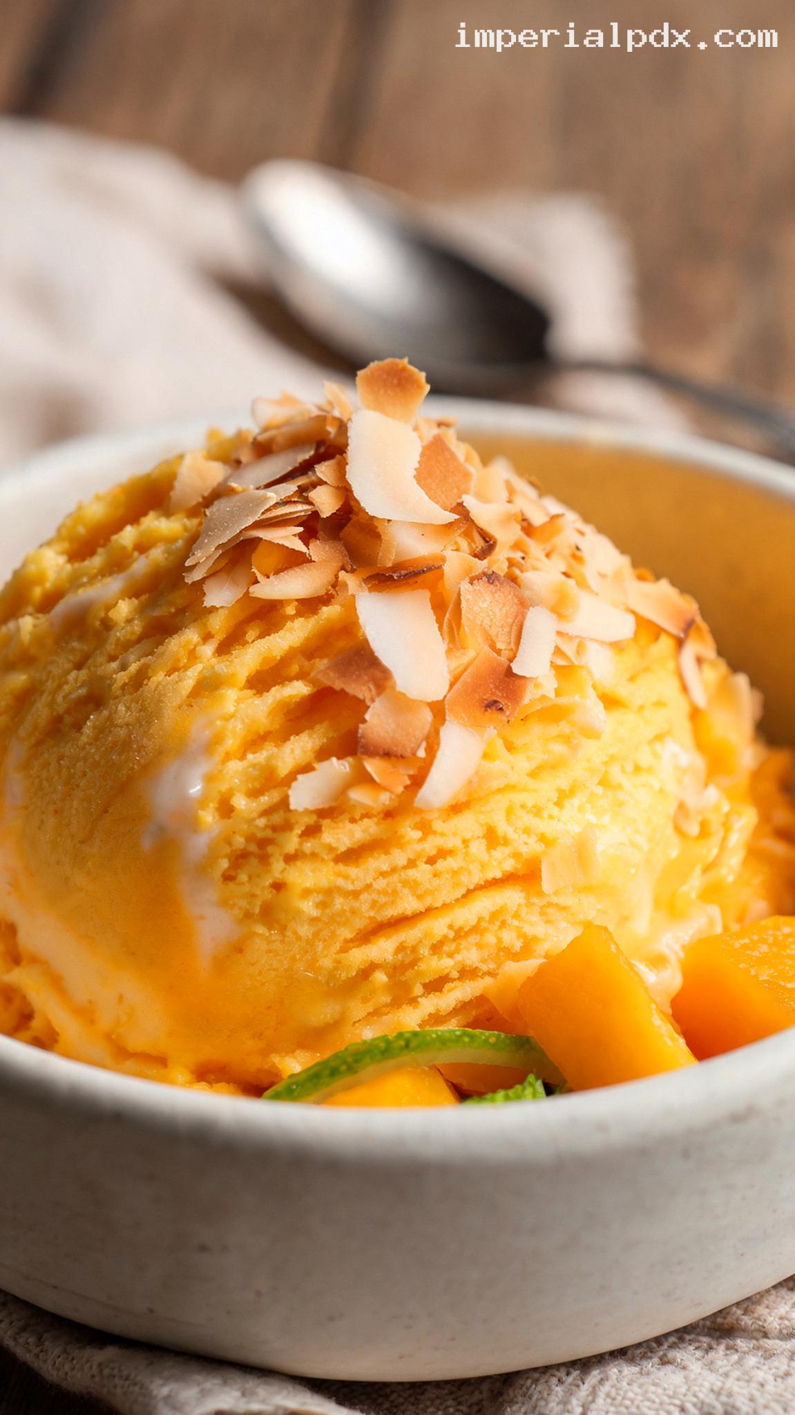 Mango Coconut Ice Cream With Toasted Coconut – Closeup