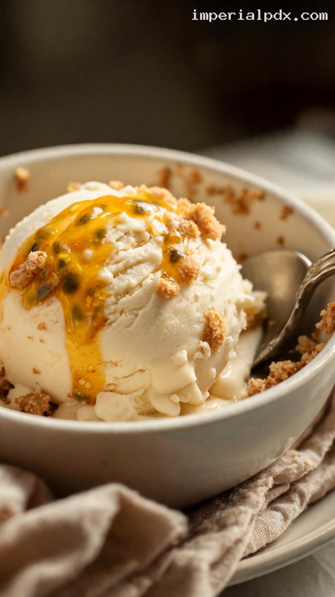 Passion Fruit Cheesecake Ice Cream with Graham Cracker Crunch – Closeup