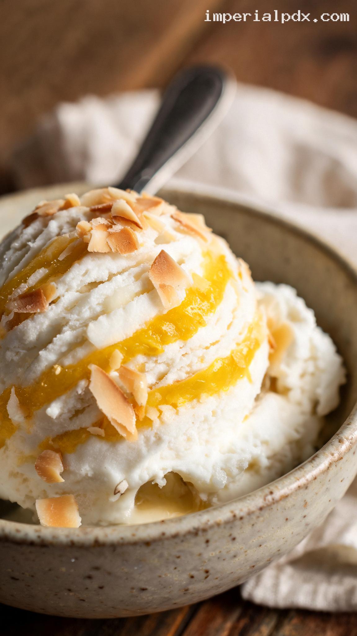 Pineapple Coconut Ice Cream With Toasted Coconut – Closeup