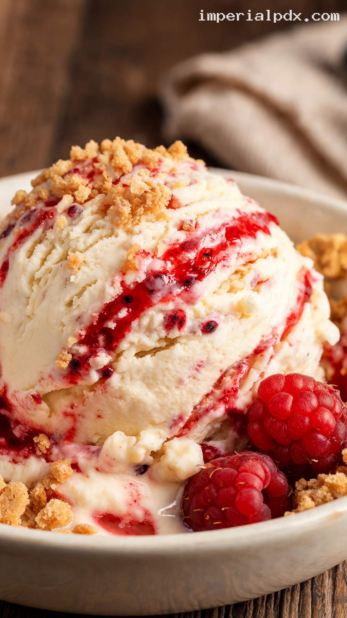 Raspberry Cheesecake Swirl Ice Cream With Graham Crumbles – Closeup