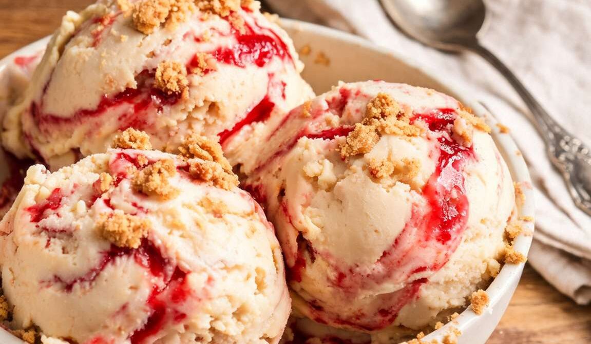 Raspberry Cheesecake Swirl Ice Cream With Graham Crumbles