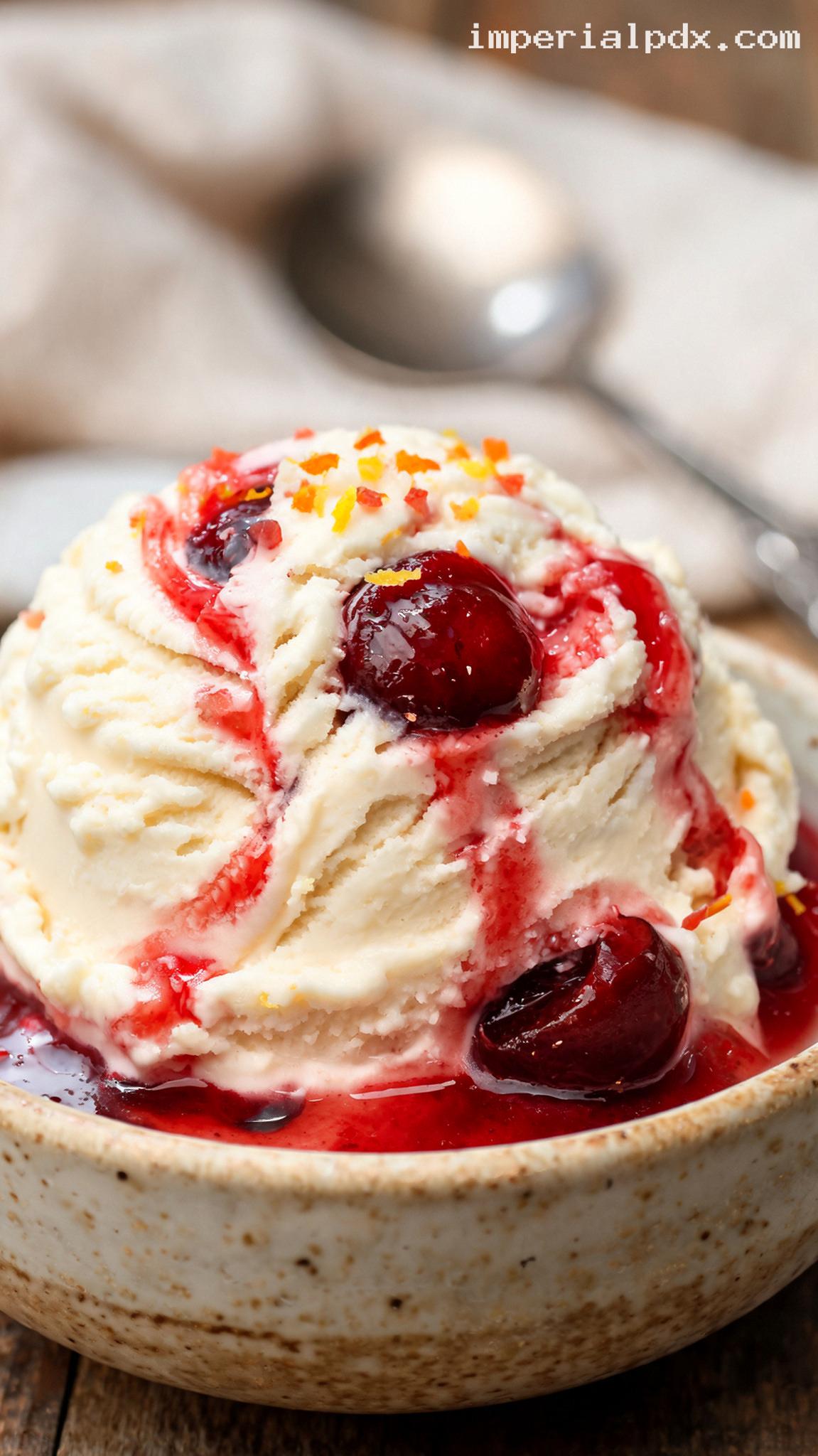 Roasted Cherry Ricotta Ice Cream With Citrus Zest – Closeup