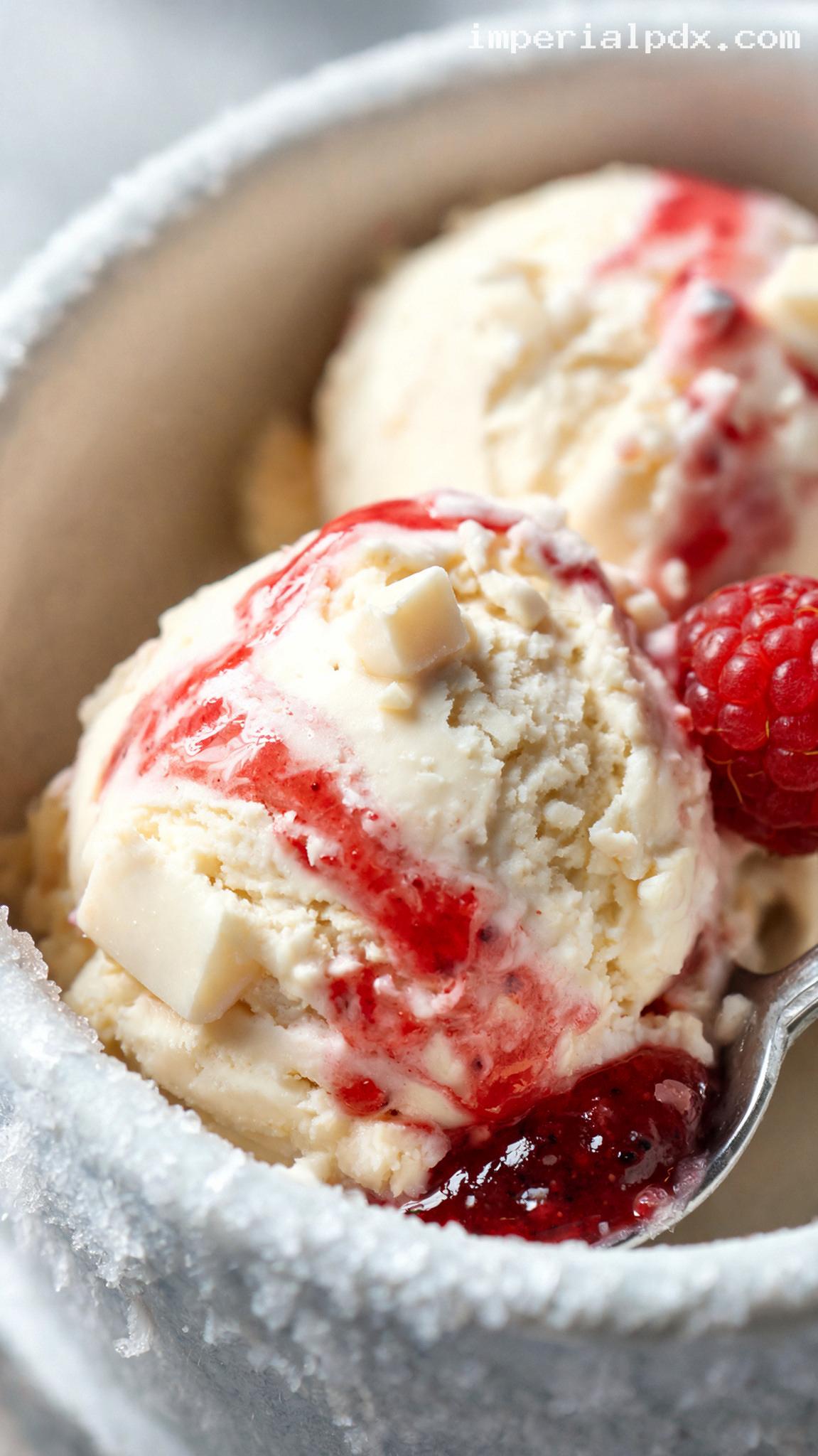 White Chocolate Raspberry Cheesecake Ice Cream – Closeup