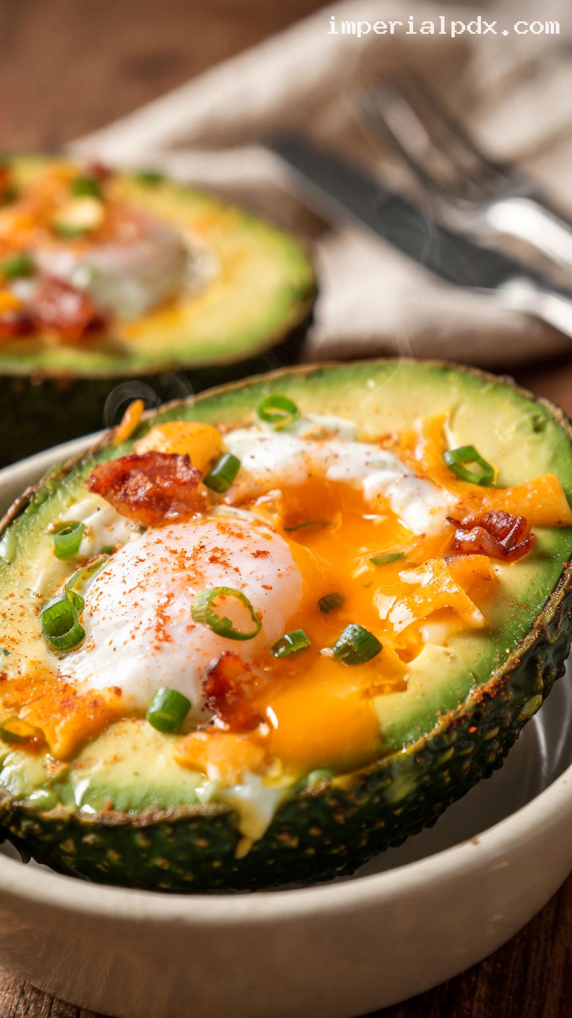 Baked Avocado Eggs with Bacon and Cheddar – Closeup