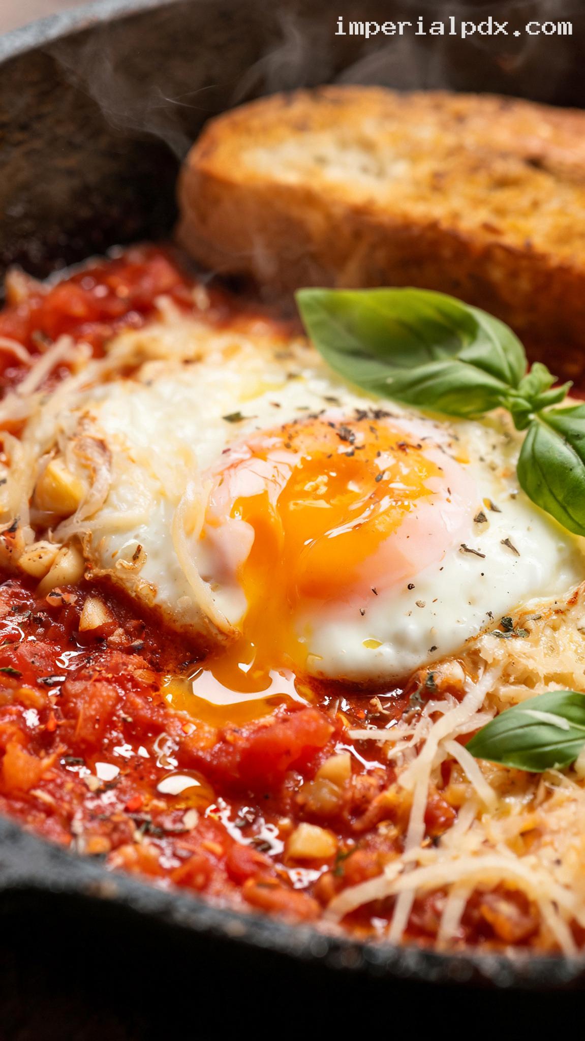 Baked Eggs in Marinara With Mozzarella and Parmesan – Closeup