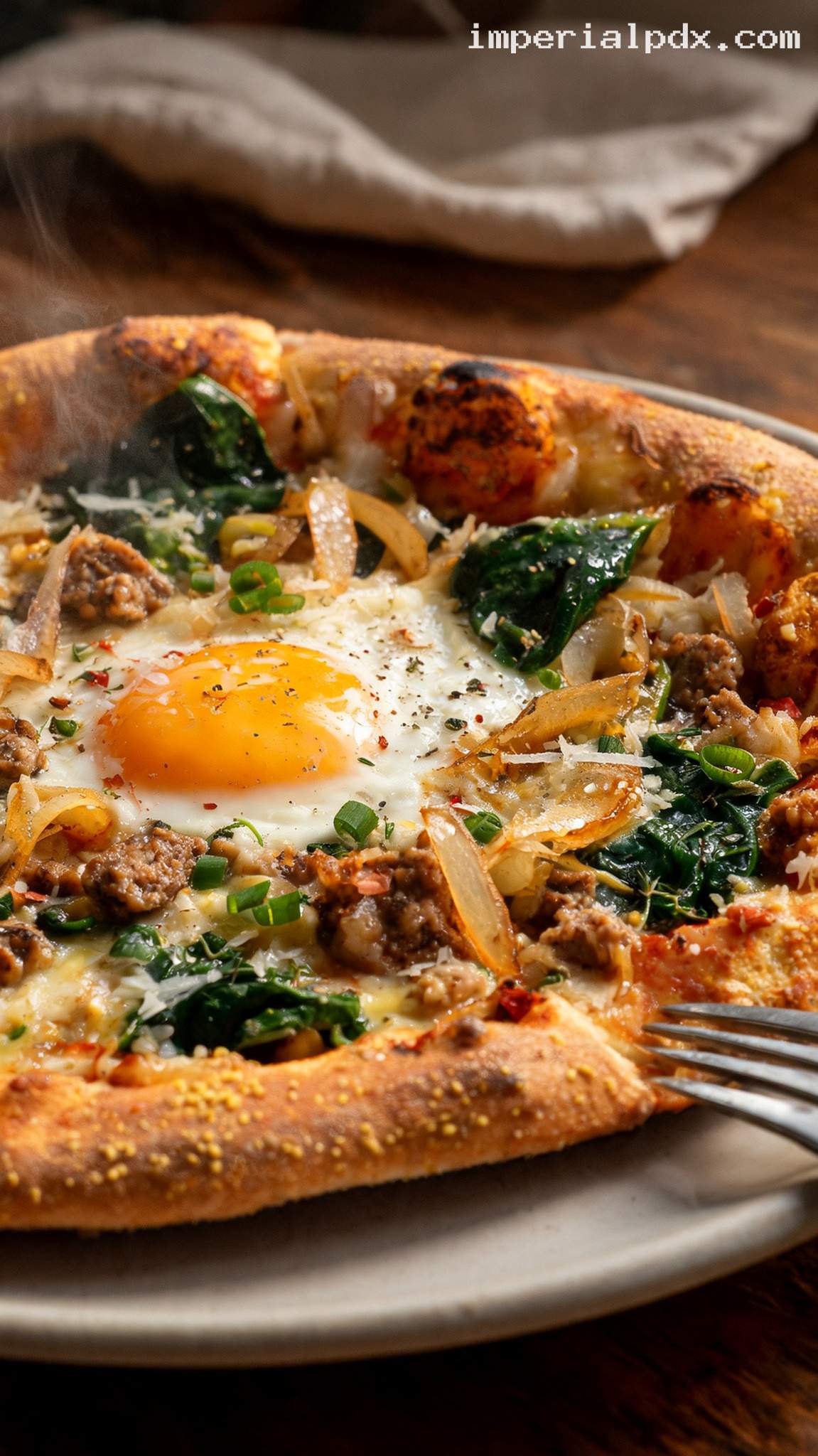 Breakfast Pizza With Eggs, Sausage, and Spinach – Closeup