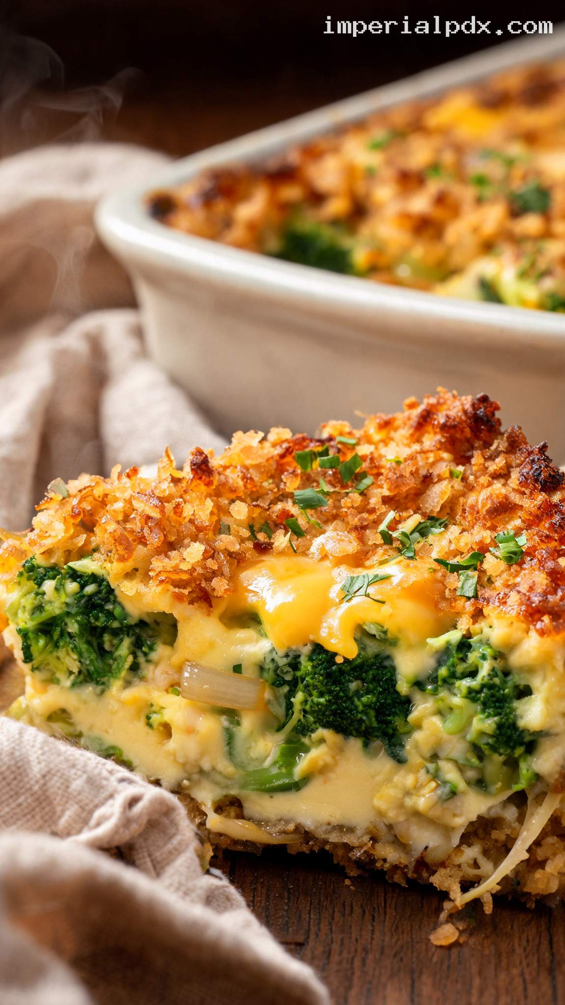 Broccoli Cheddar Egg Casserole With Buttered Breadcrumbs – Closeup