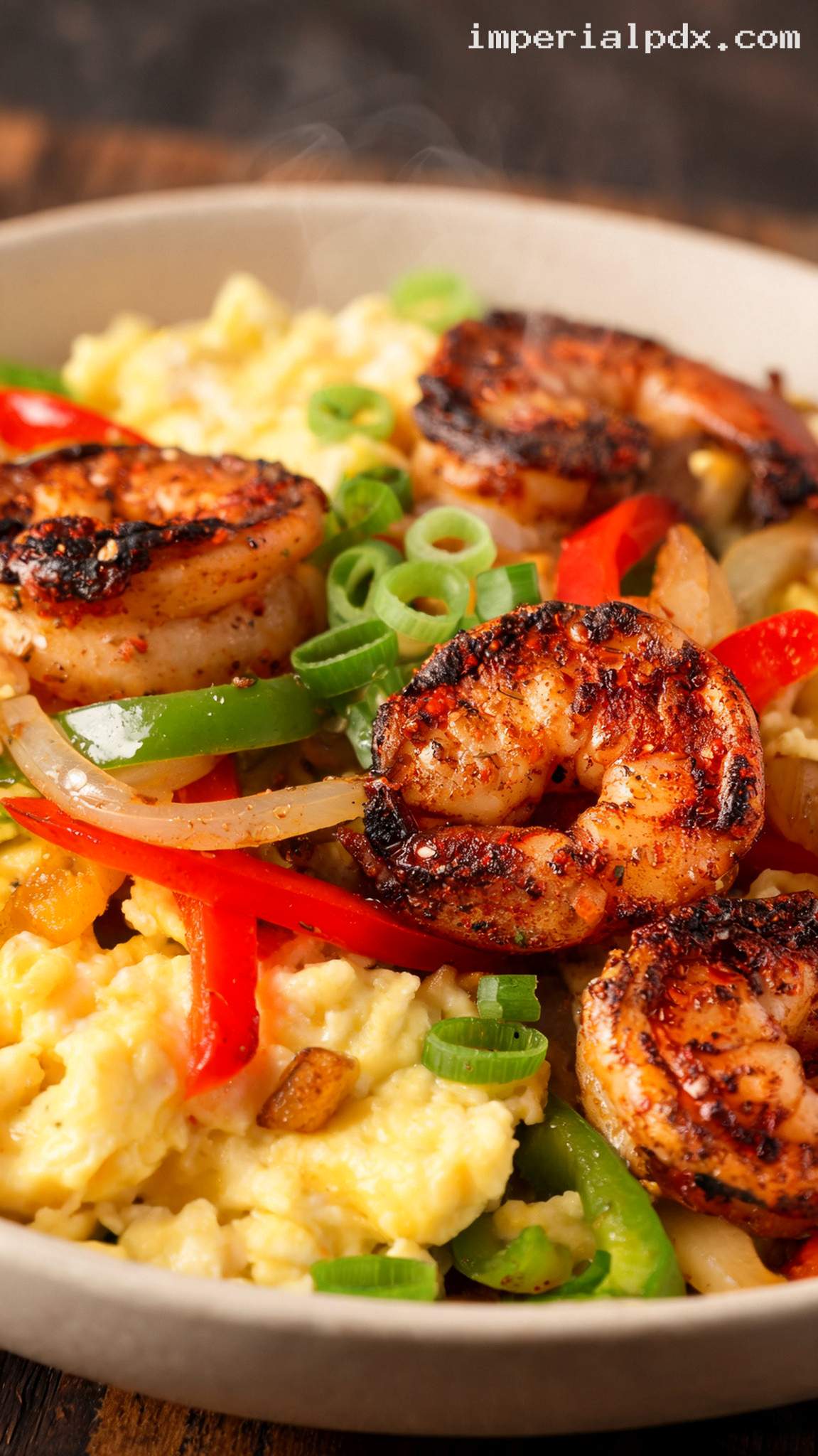 Cajun Shrimp and Creamy Scrambled Eggs – Closeup