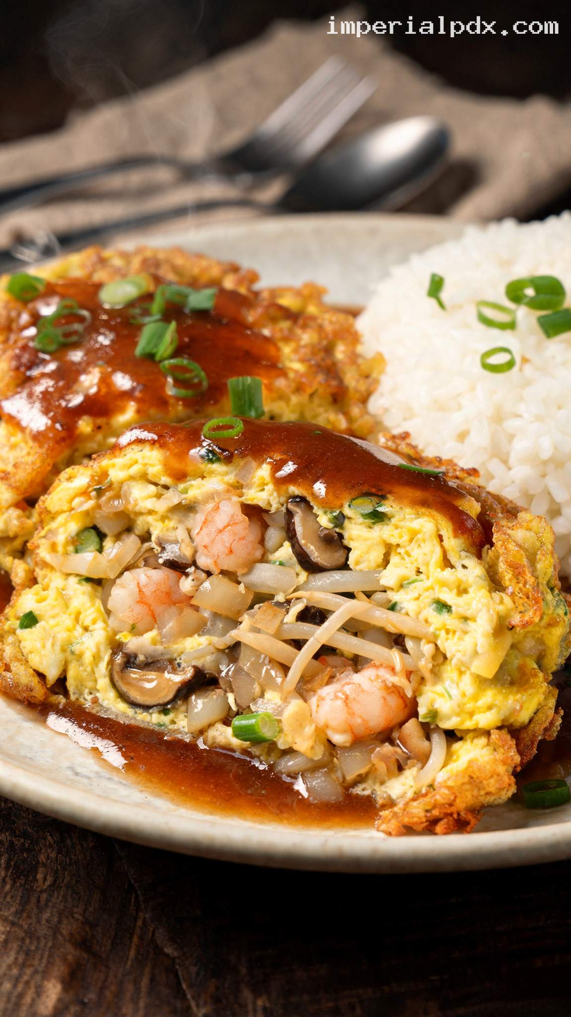 Classic Shrimp Egg Foo Young With Brown Gravy – Closeup