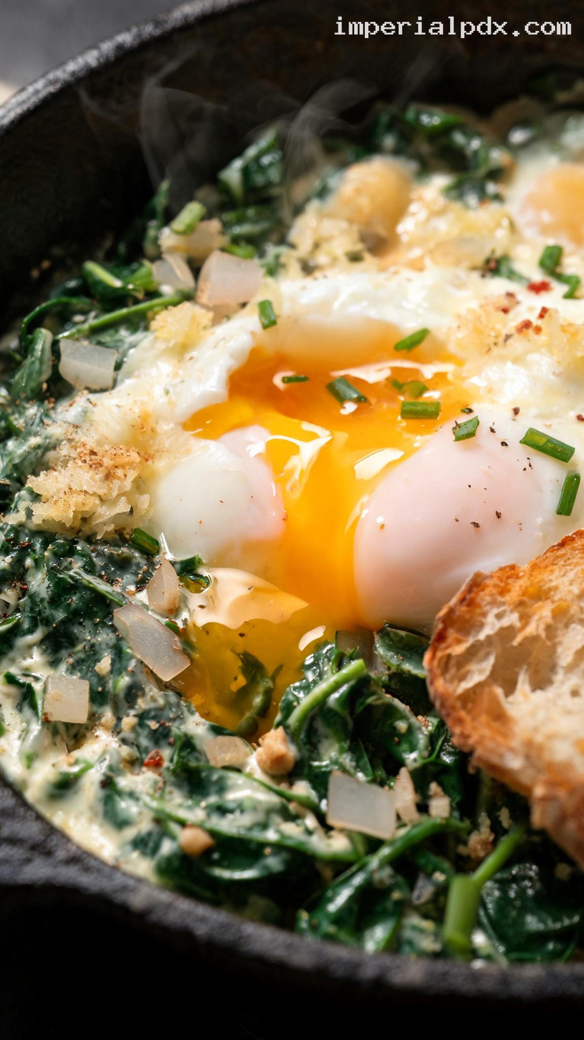 Creamy Baked Eggs Florentine With Parmesan – Closeup