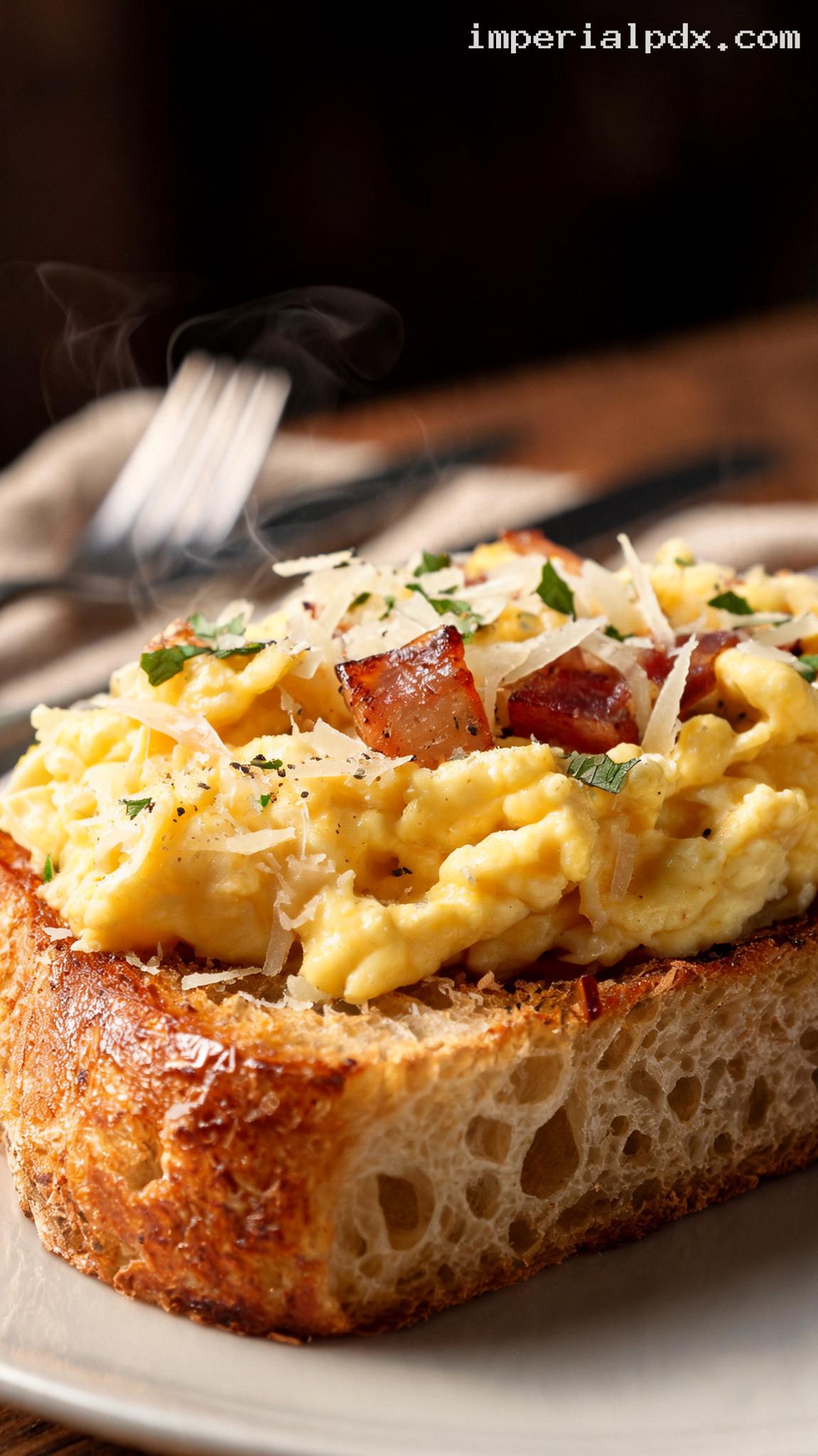 Creamy Carbonara Egg Toast With Crispy Pancetta – Closeup