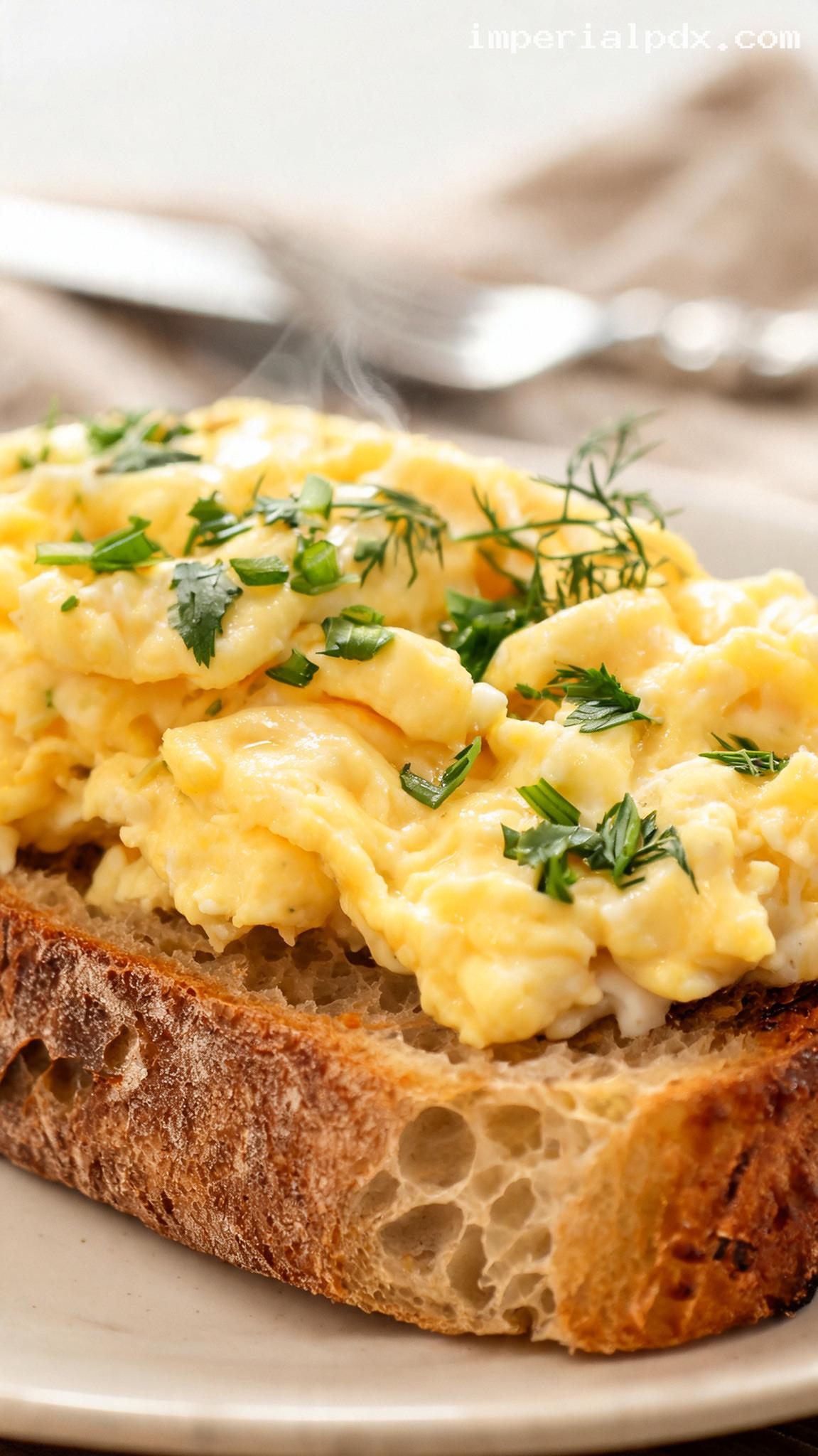 Creamy Herb Scrambled Eggs on Toasted Sourdough – Closeup