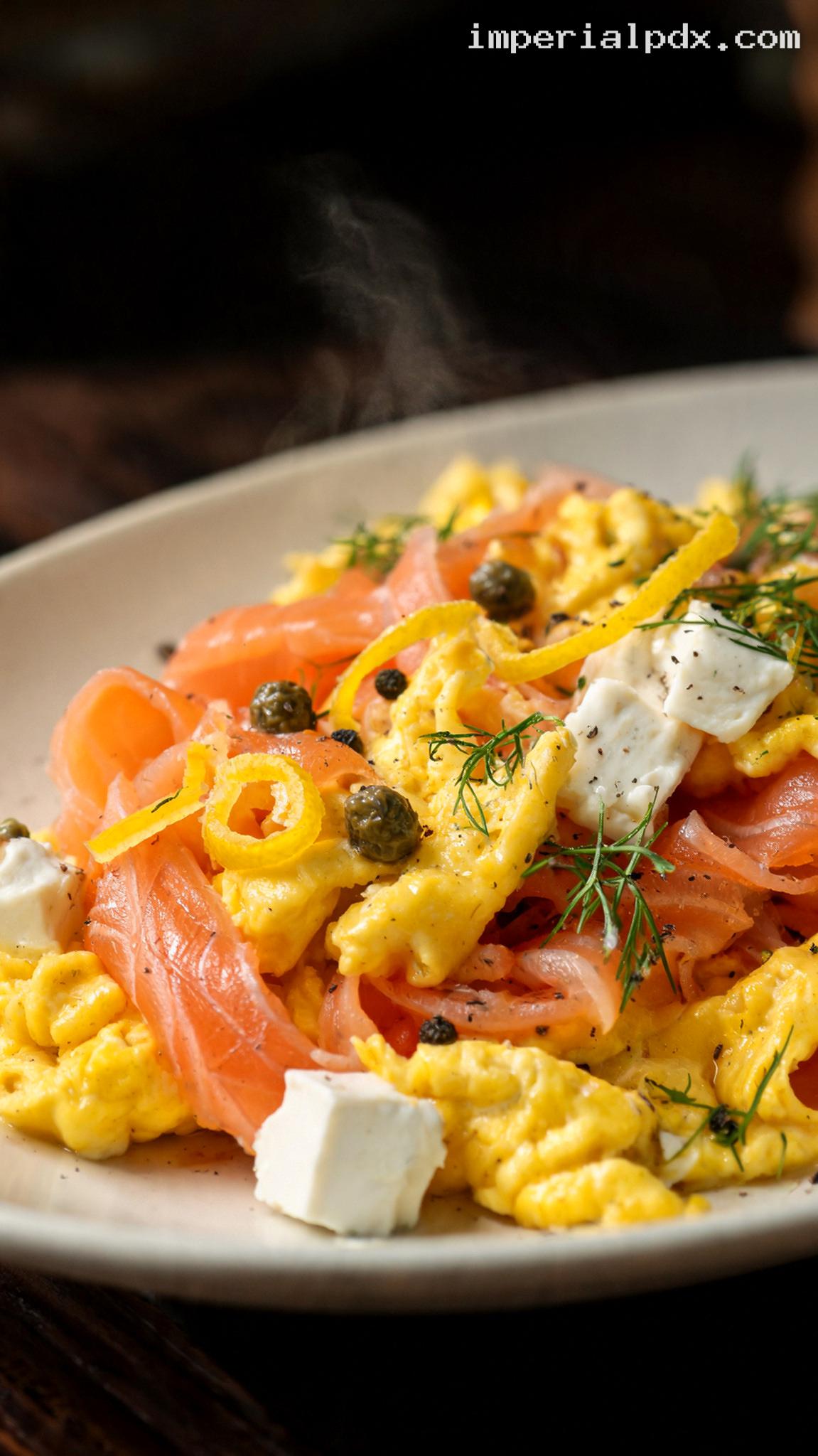 Creamy Smoked Salmon Scrambled Eggs With Dill – Closeup