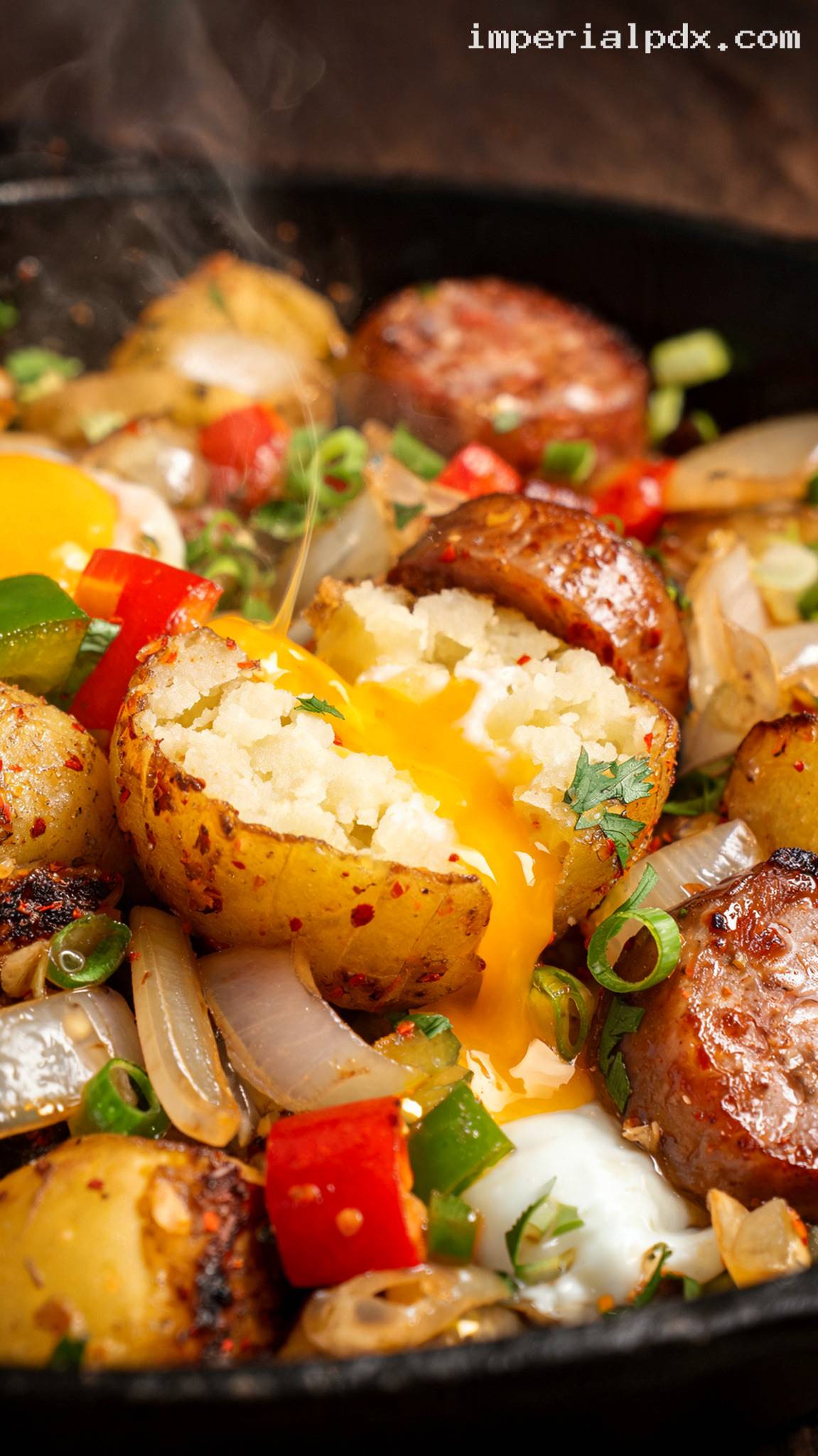 Crispy Breakfast Hash With Sausage and Eggs – Closeup