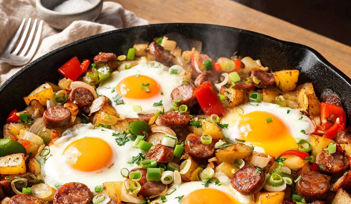 Crispy Breakfast Hash With Sausage and Eggs