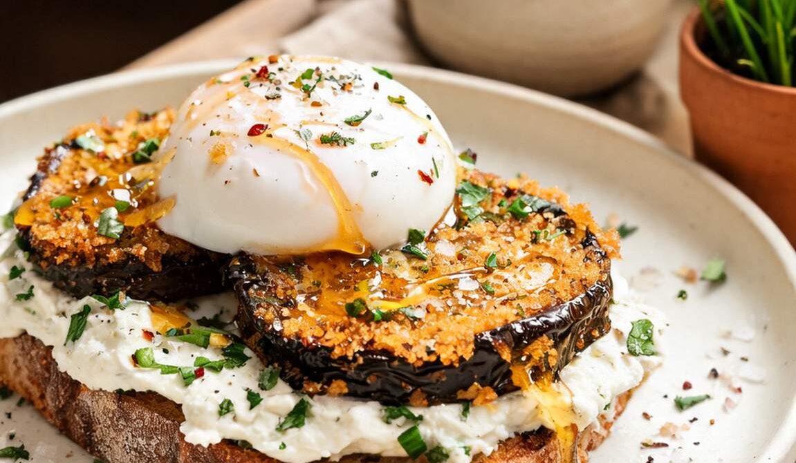 Crispy Eggplant and Poached Egg Toast With Chili Honey