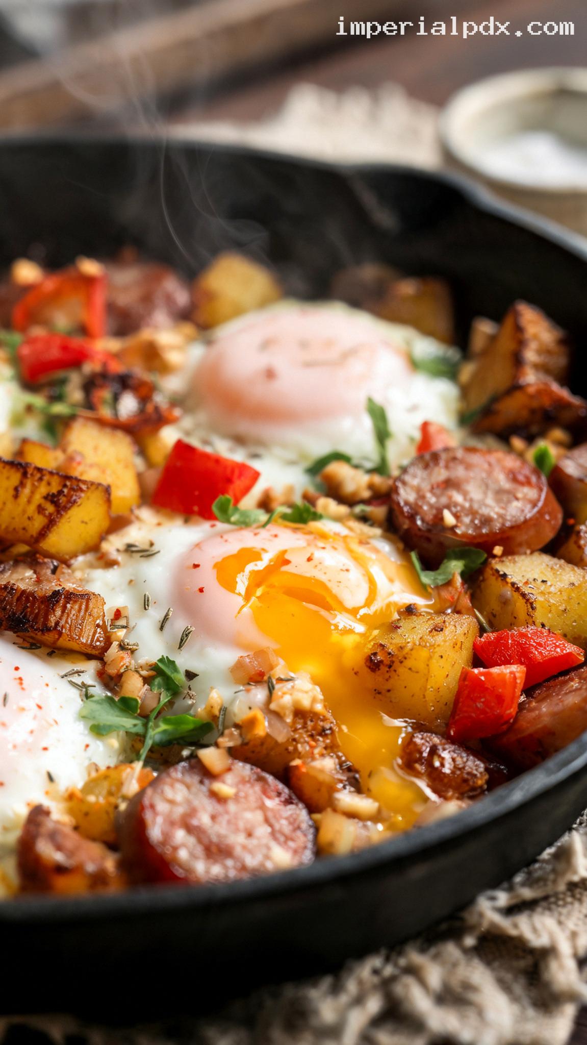Crispy Potato, Sausage, and Egg Breakfast Skillet – Closeup