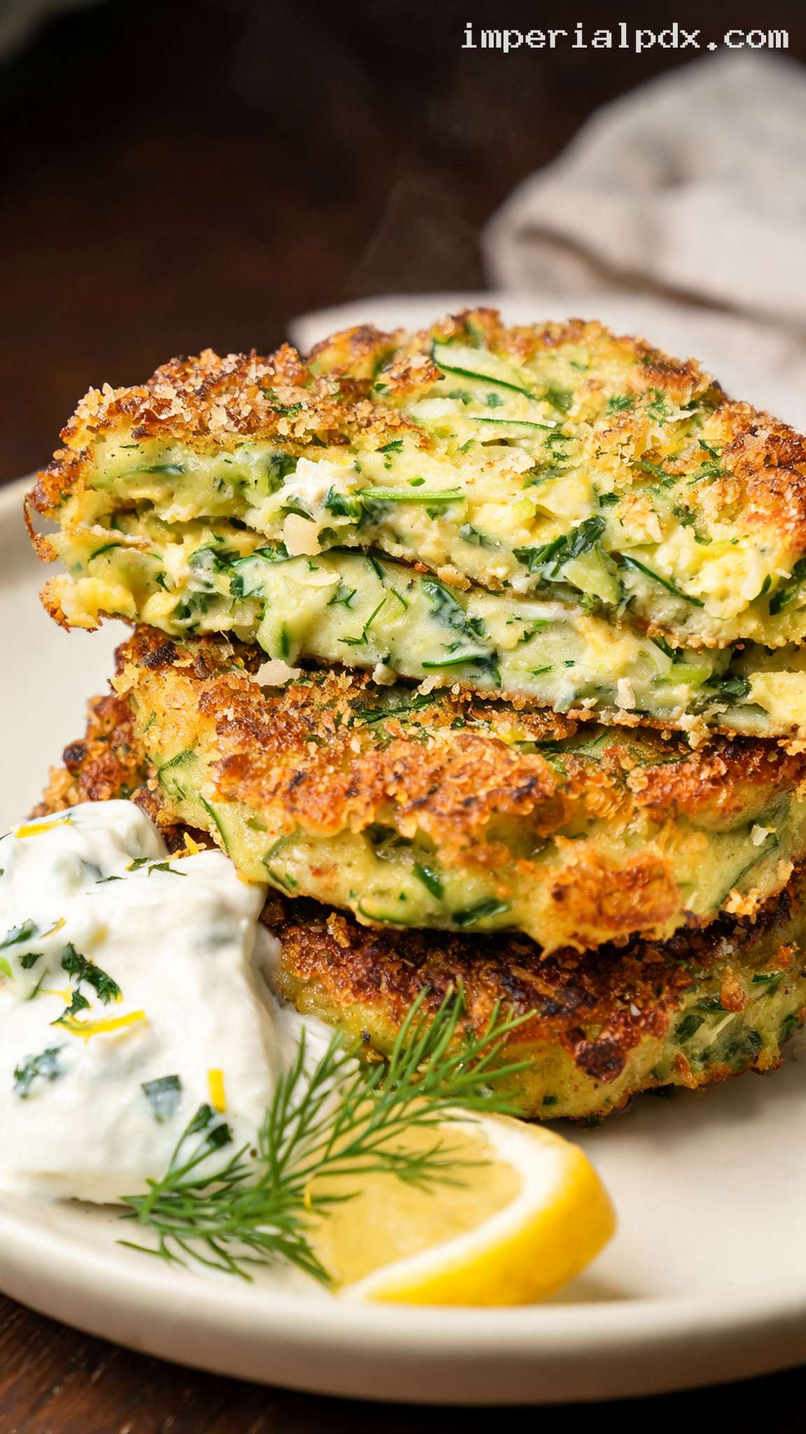 Crispy Zucchini Egg Pancakes With Herbed Yogurt – Closeup