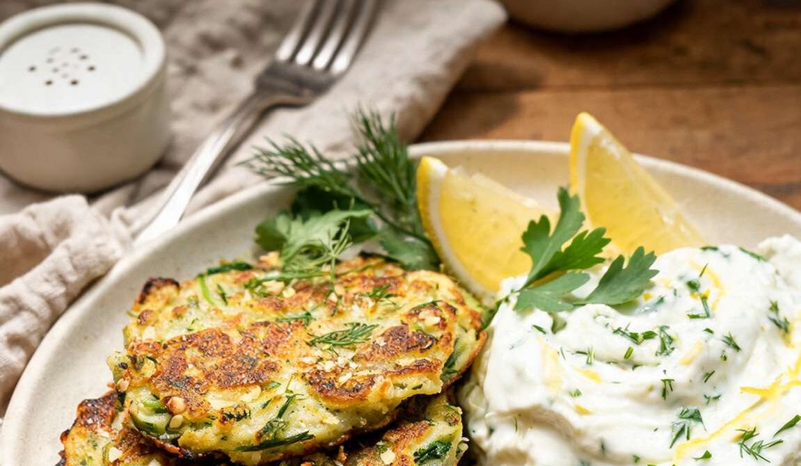 Crispy Zucchini Egg Pancakes With Herbed Yogurt