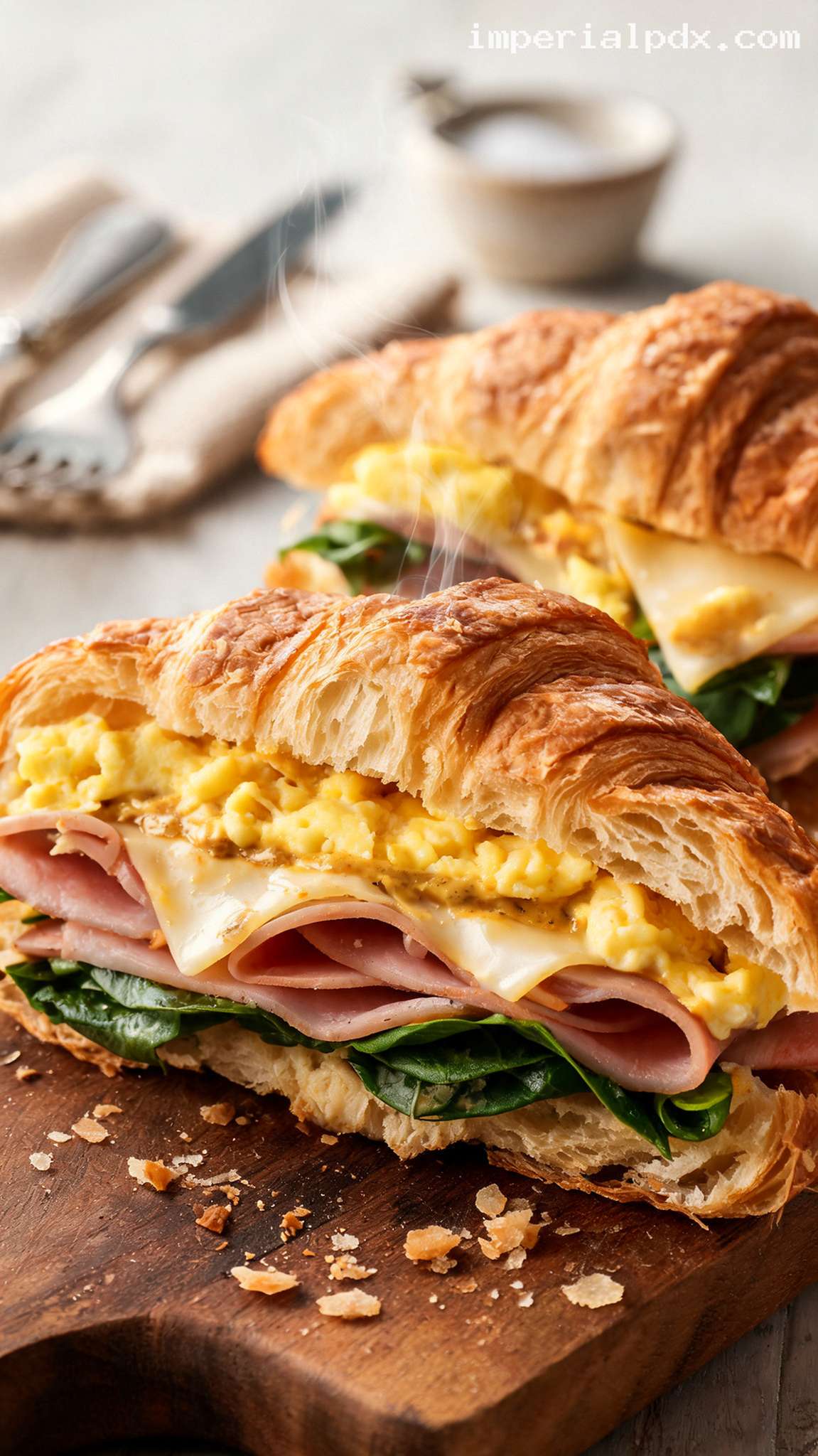 Croissant Breakfast Sandwiches with Ham, Egg, and Swiss – Closeup