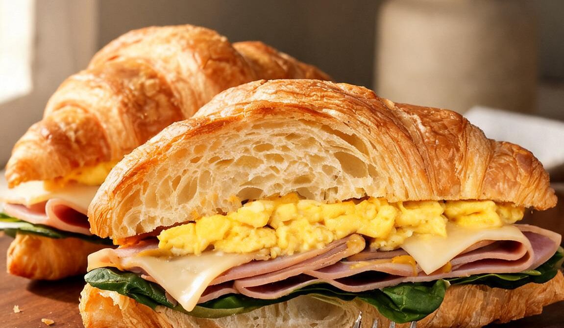 Croissant Breakfast Sandwiches with Ham, Egg, and Swiss