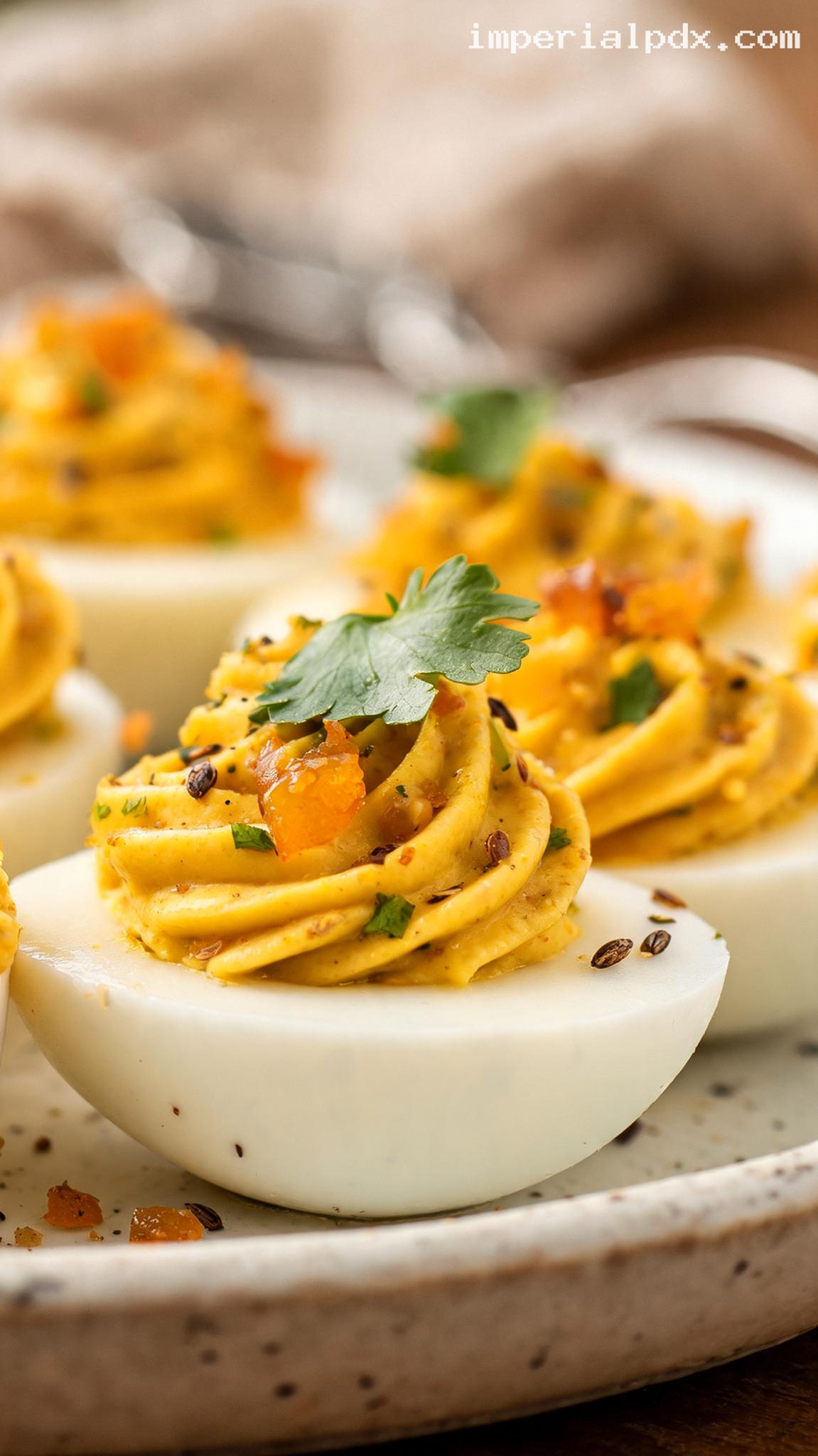 Curried Deviled Eggs With Mango Chutney – Closeup