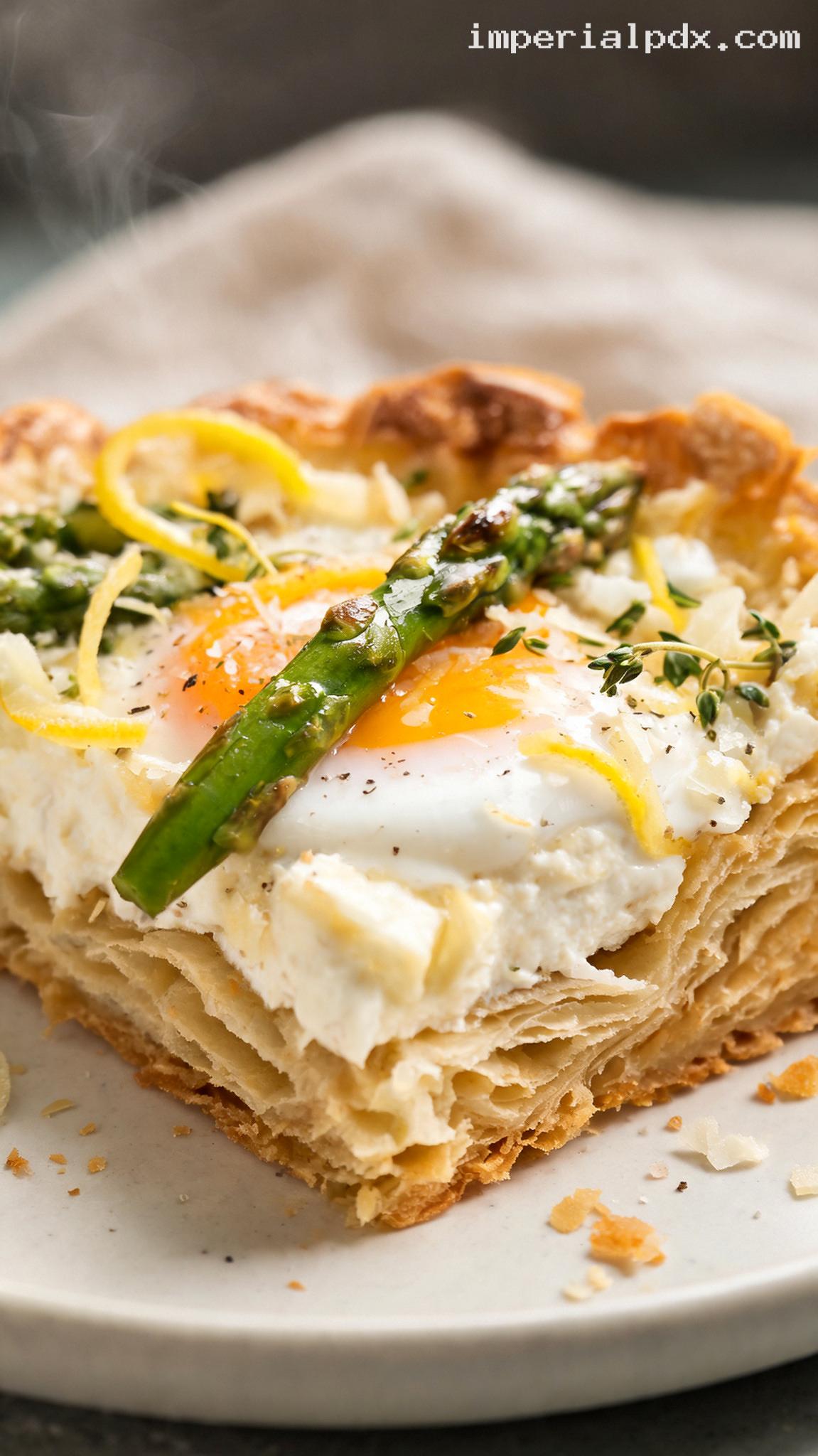 Flaky Asparagus, Egg, and Ricotta Tart – Closeup