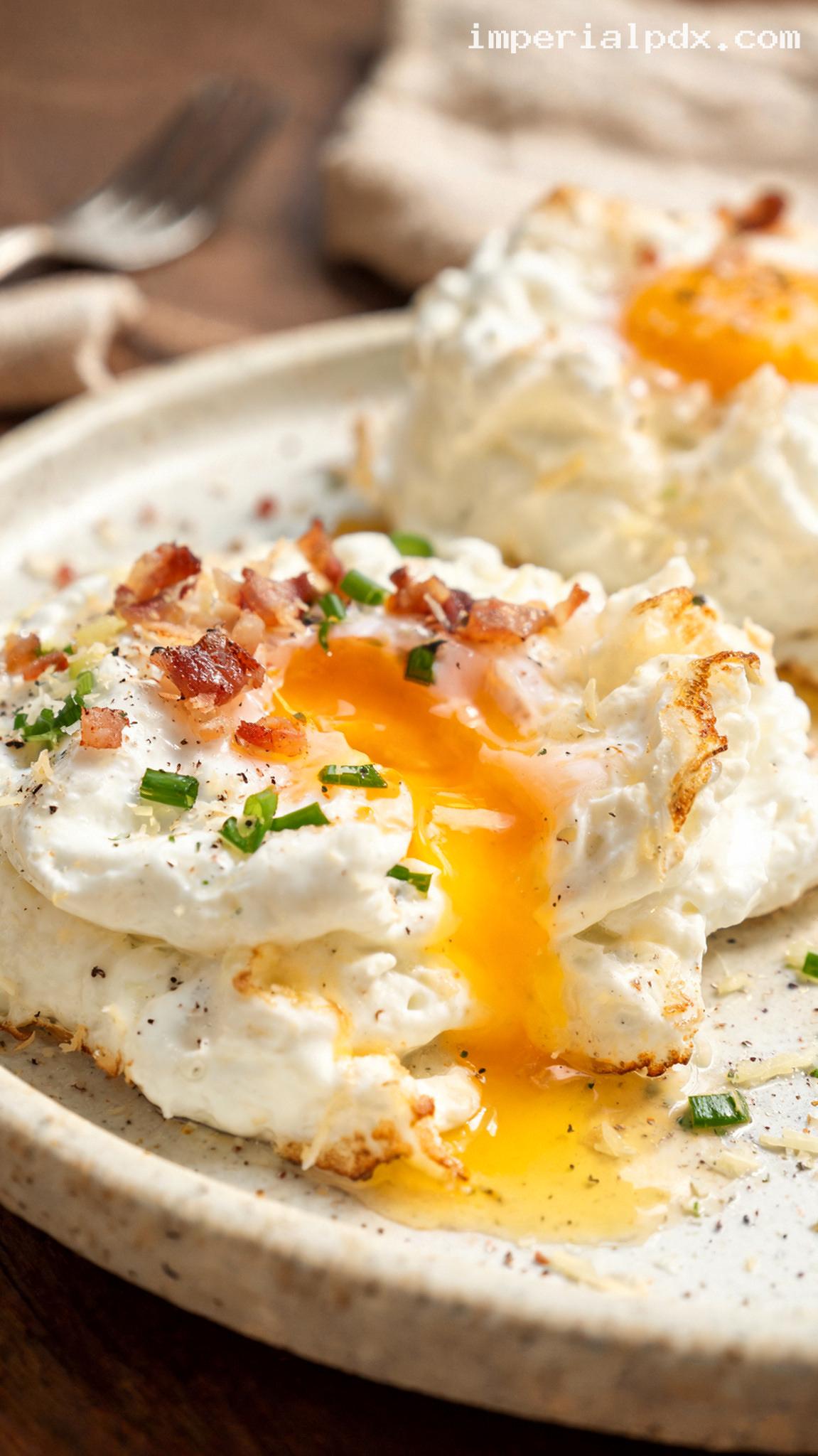 Fluffy Cloud Eggs with Bacon and Parmesan – Closeup