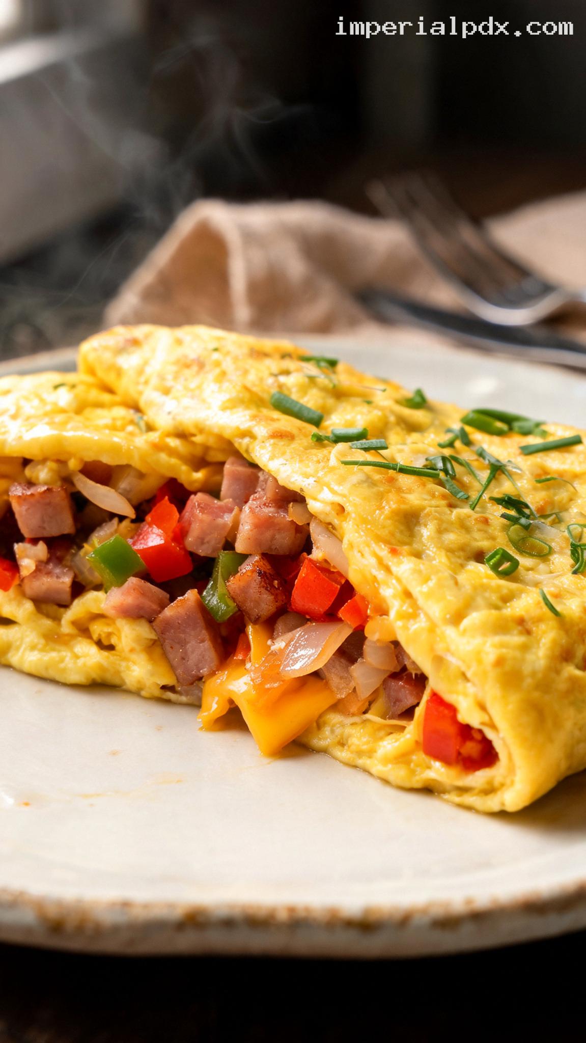 Fluffy Western Omelet With Ham, Peppers, and Cheddar – Closeup