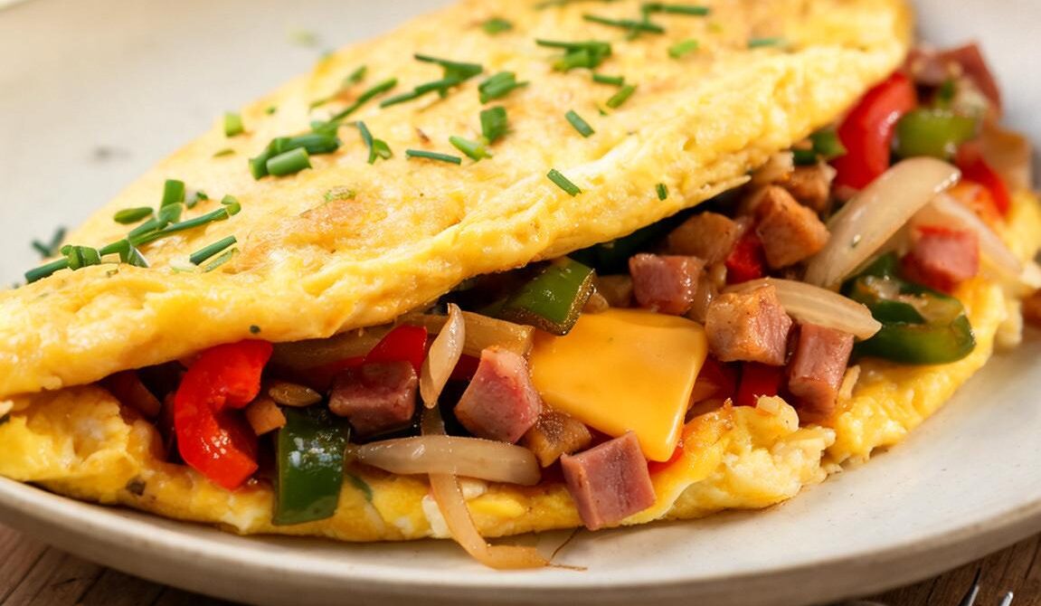 Fluffy Western Omelet With Ham, Peppers, and Cheddar