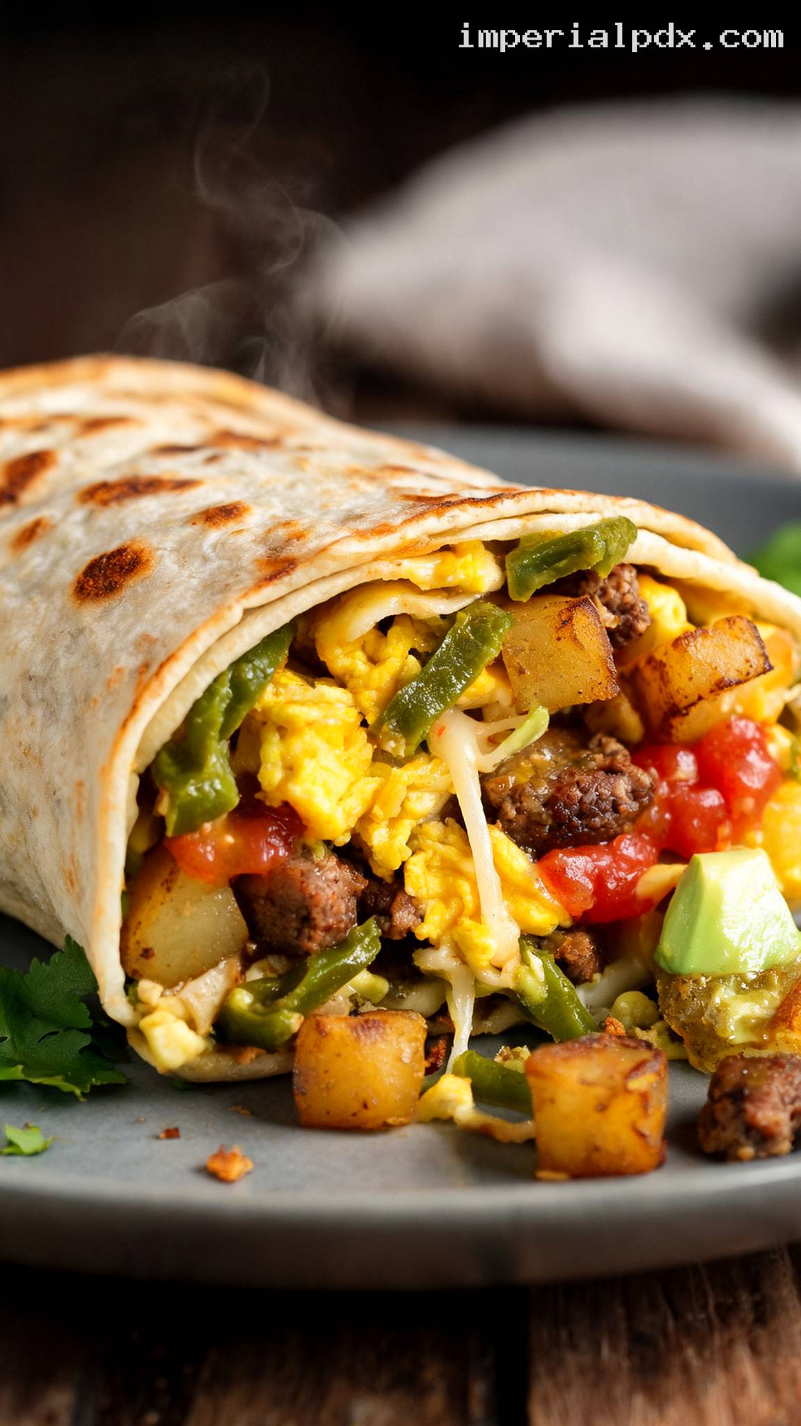 Green Chile Breakfast Burrito With Crispy Potatoes – Closeup