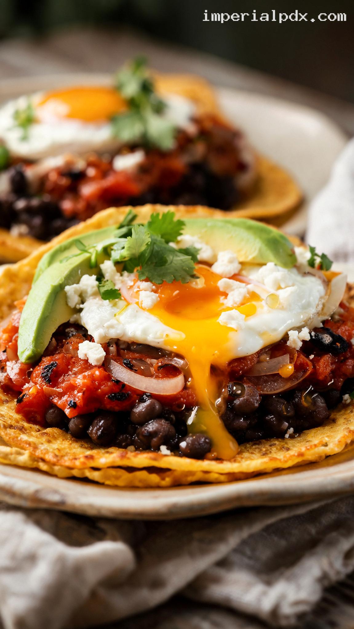 Huevos Rancheros With Black Beans and Avocado – Closeup