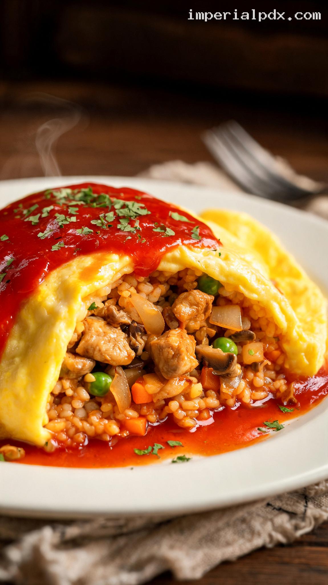 Japanese Omurice with Chicken and Ketchup Fried Rice – Closeup