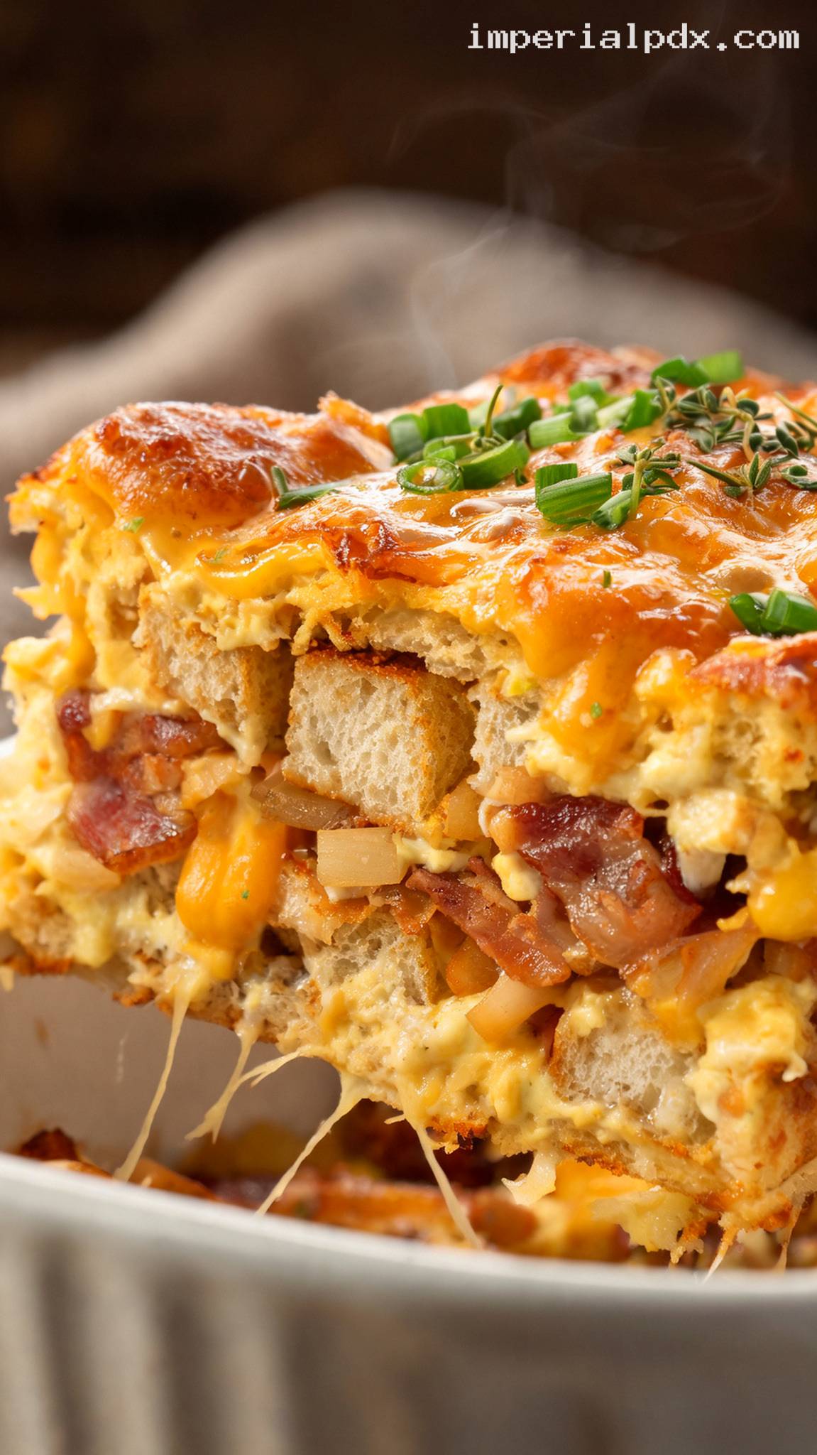Make-Ahead Bacon and Cheddar Breakfast Casserole – Closeup