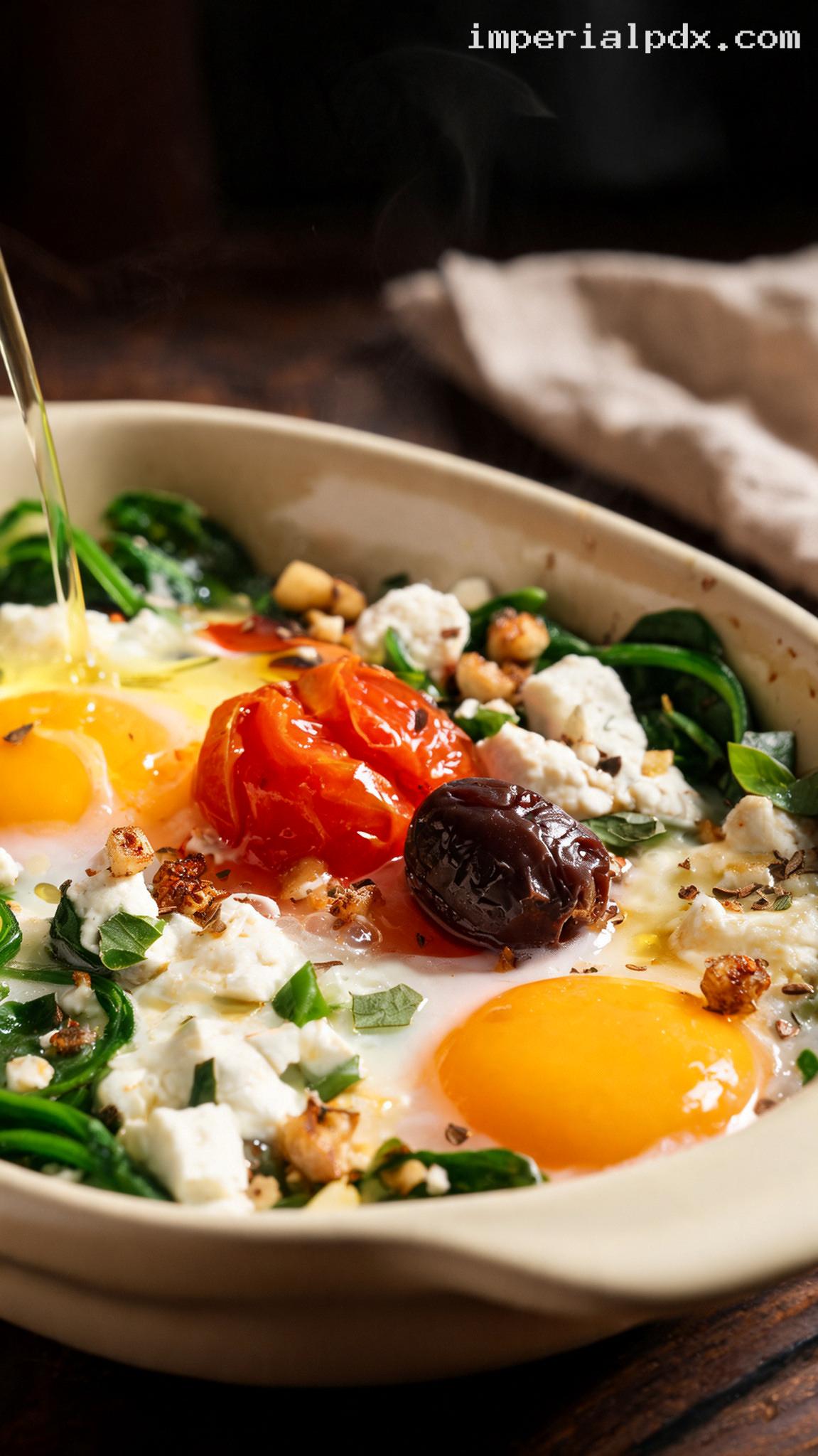 Mediterranean Baked Eggs With Spinach, Feta, and Olives – Closeup